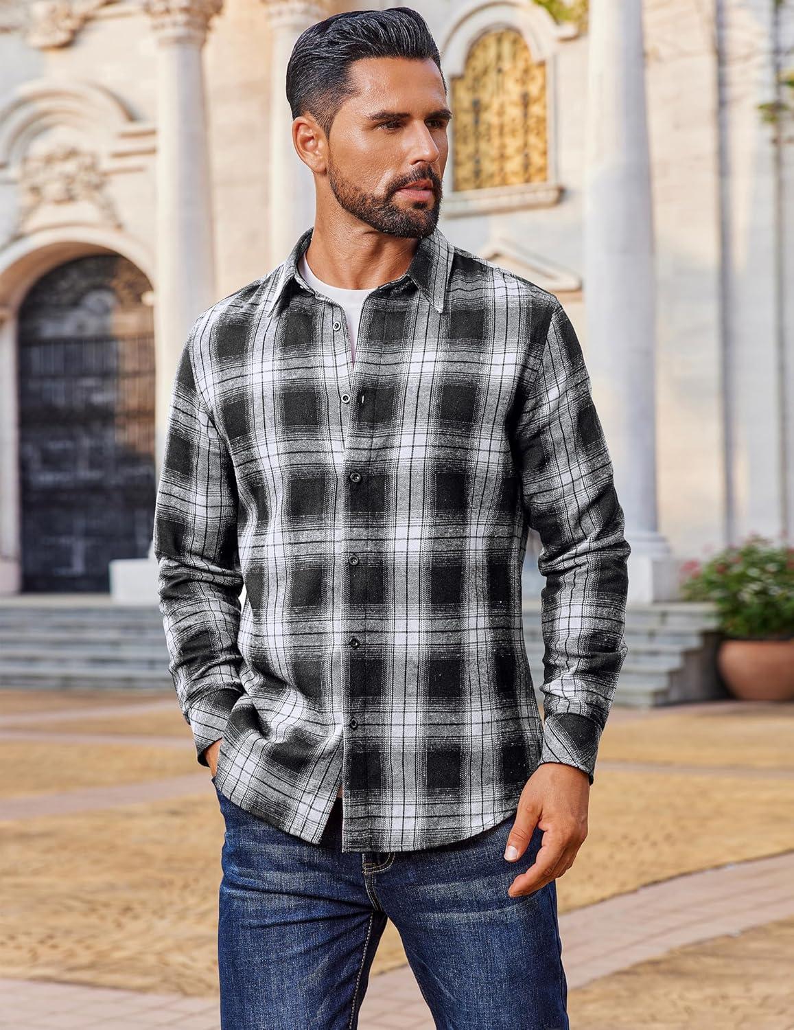 imageCOOFANDY Mens Flannel Shirts Long Sleeve Plaid Button Down Shirts Casual Cotton ShirtsBlackWhite