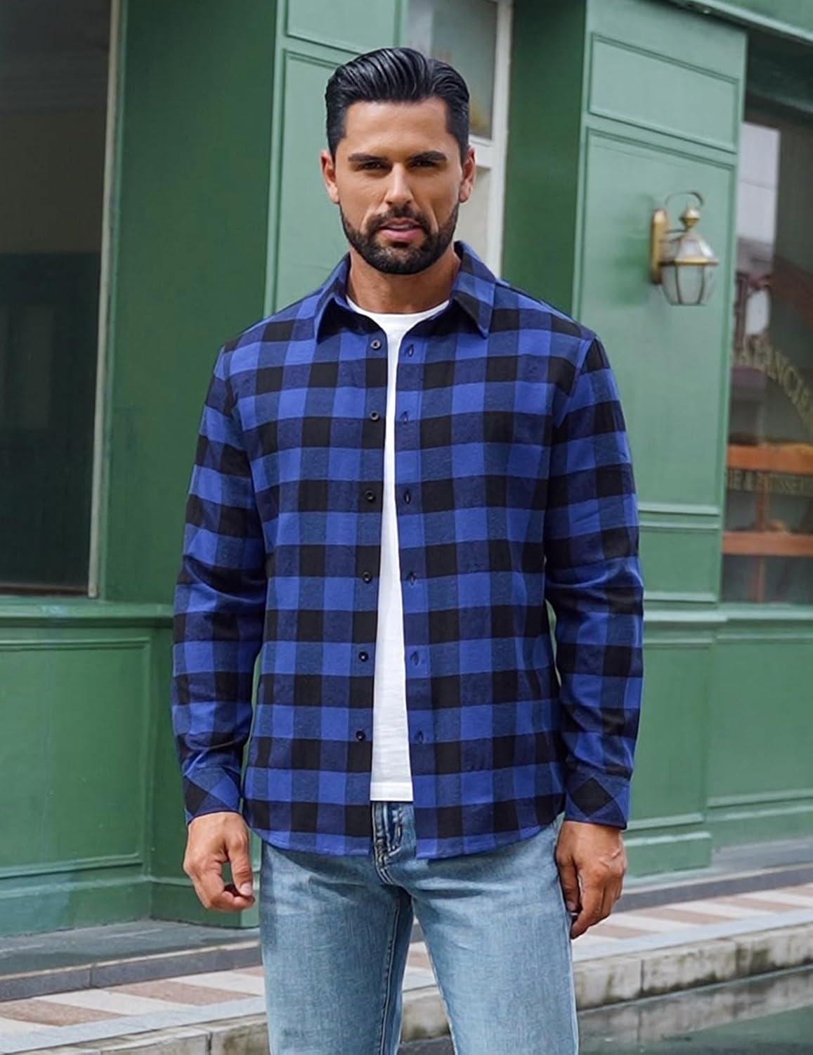 imageCOOFANDY Mens Flannel Shirts Long Sleeve Plaid Button Down Shirts Casual Cotton ShirtsBlue Checkered