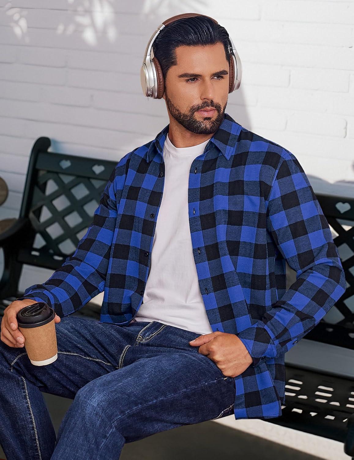 imageCOOFANDY Mens Flannel Shirts Long Sleeve Plaid Button Down Shirts Casual Cotton ShirtsBlue Checkered