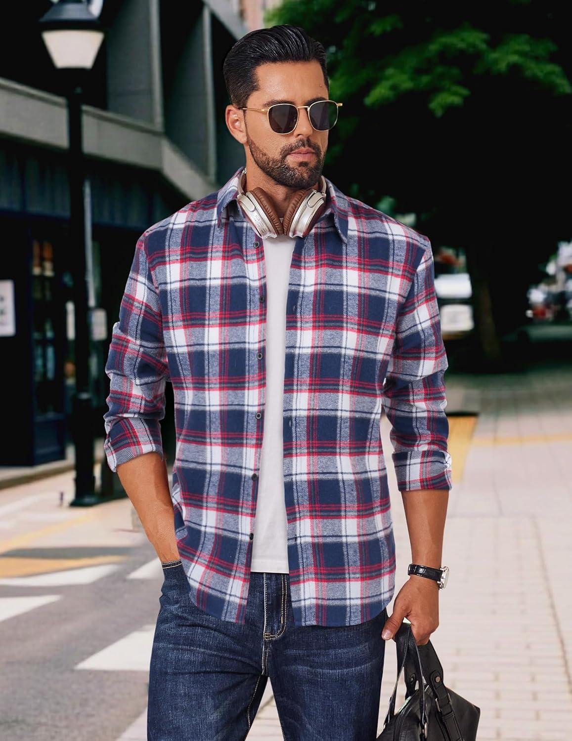 imageCOOFANDY Mens Flannel Shirts Long Sleeve Plaid Button Down Shirts Casual Cotton ShirtsBlueRed