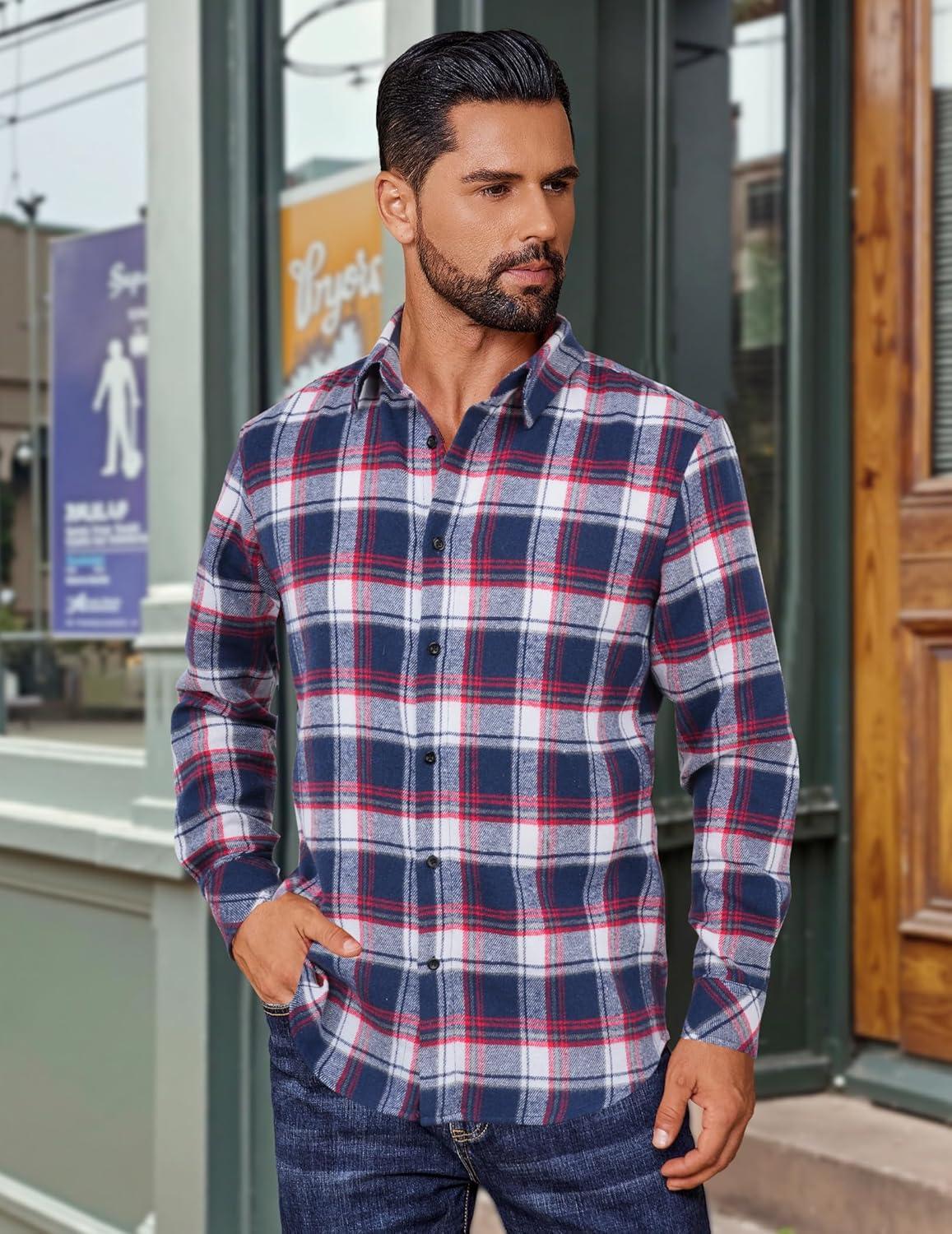 imageCOOFANDY Mens Flannel Shirts Long Sleeve Plaid Button Down Shirts Casual Cotton ShirtsBlueRed