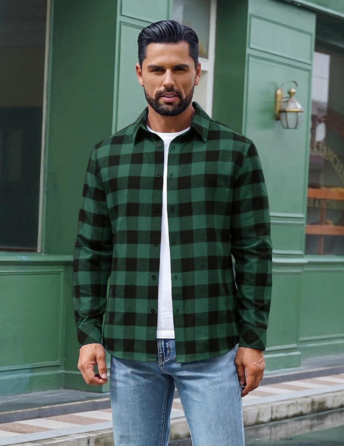 imageCOOFANDY Mens Flannel Shirts Long Sleeve Plaid Button Down Shirts Casual Cotton ShirtsGreen Checkered