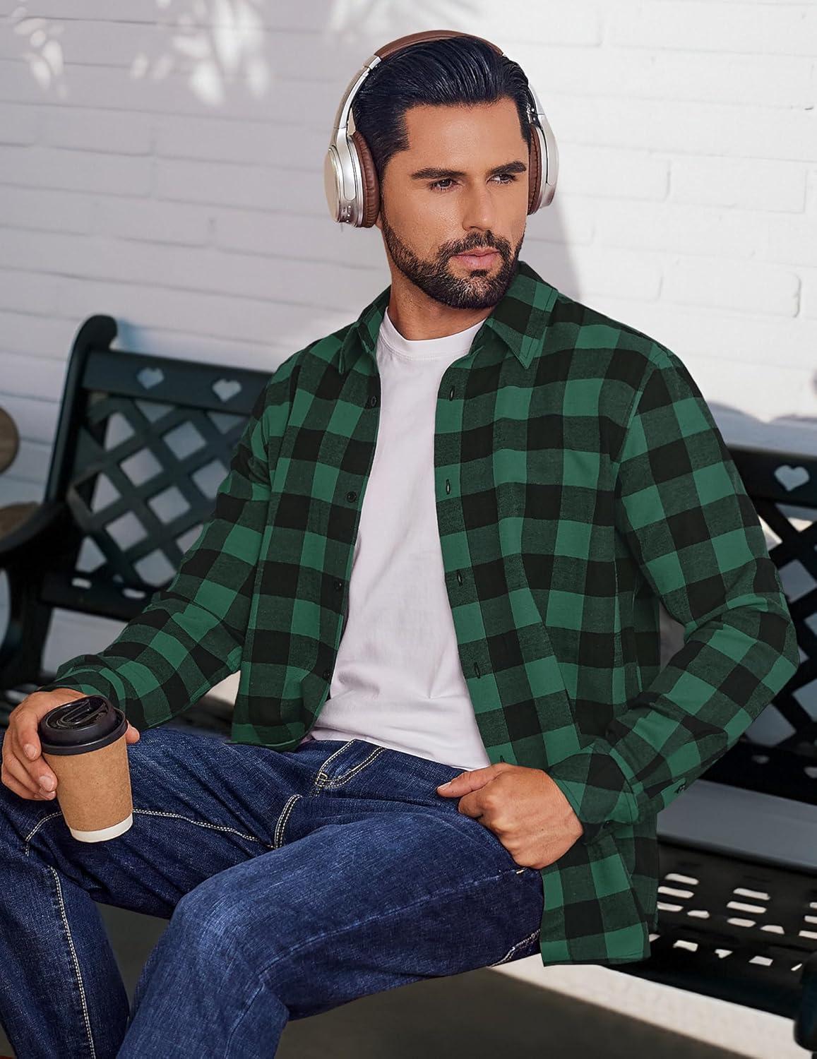 imageCOOFANDY Mens Flannel Shirts Long Sleeve Plaid Button Down Shirts Casual Cotton ShirtsGreen Checkered