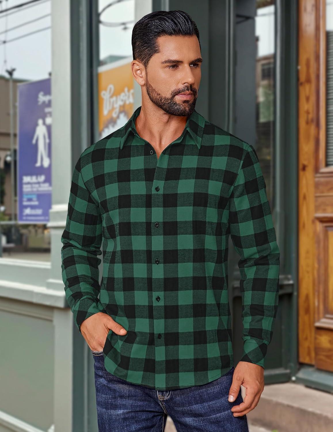 imageCOOFANDY Mens Flannel Shirts Long Sleeve Plaid Button Down Shirts Casual Cotton ShirtsGreen Checkered