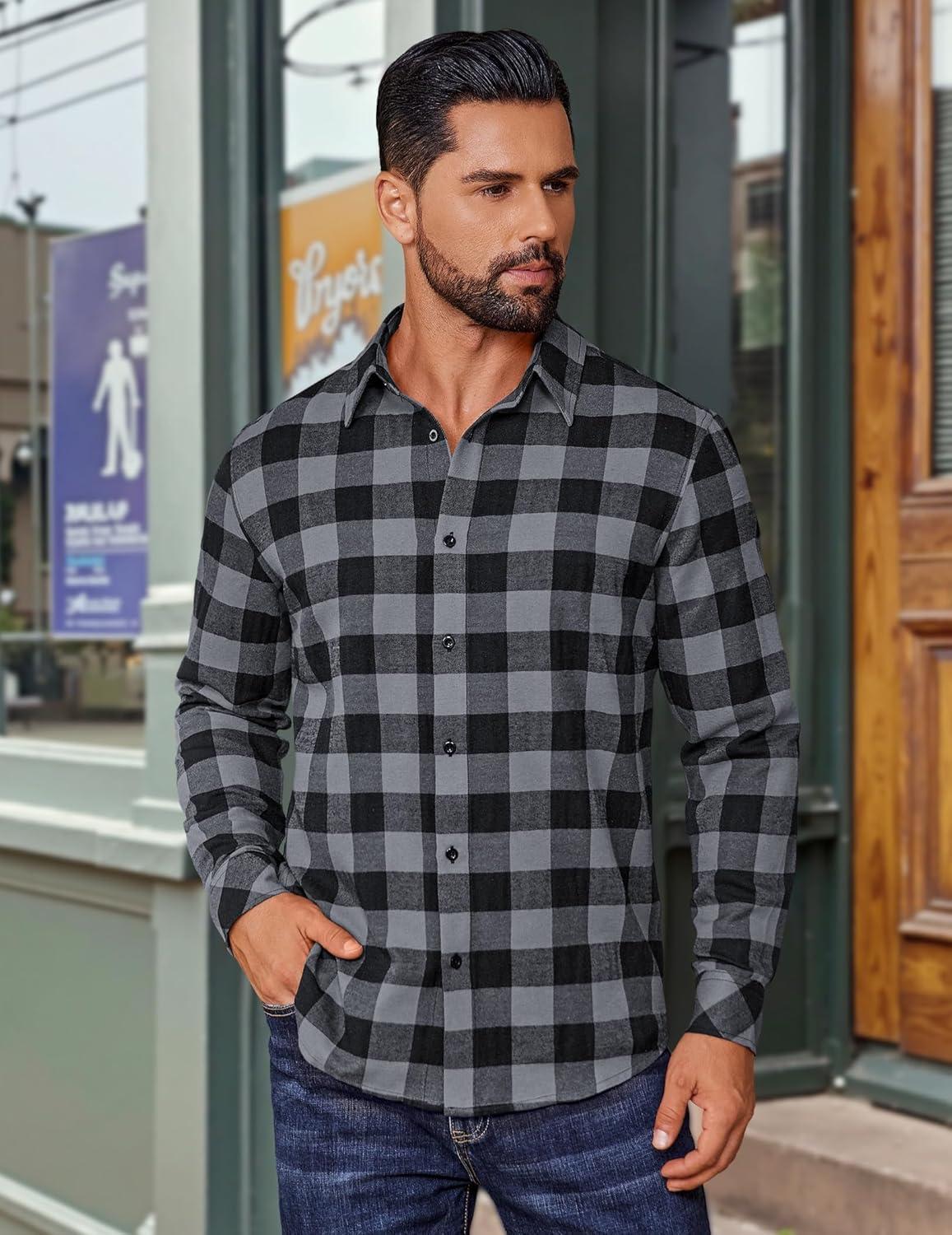 imageCOOFANDY Mens Flannel Shirts Long Sleeve Plaid Button Down Shirts Casual Cotton ShirtsGrey Checkered
