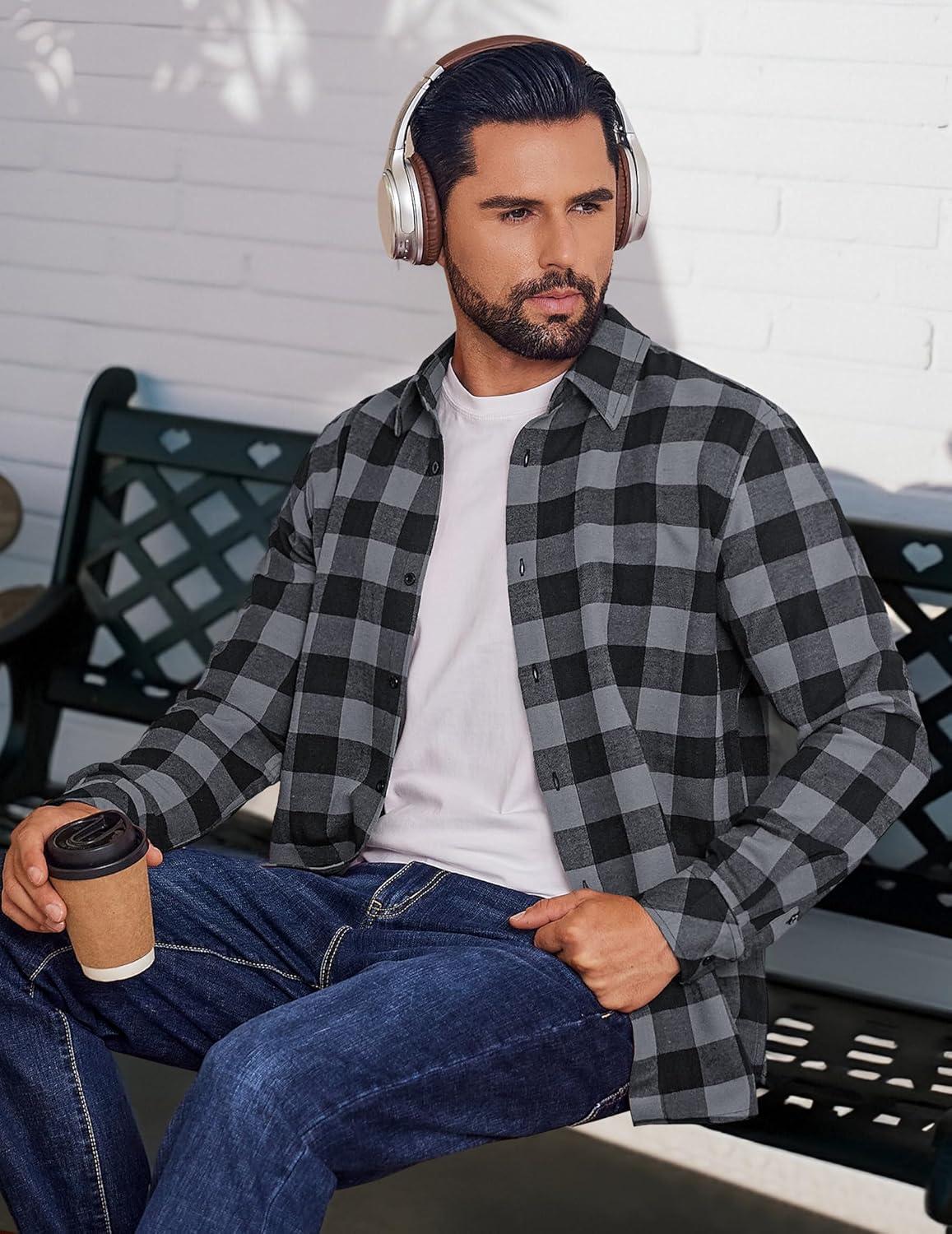 imageCOOFANDY Mens Flannel Shirts Long Sleeve Plaid Button Down Shirts Casual Cotton ShirtsGrey Checkered