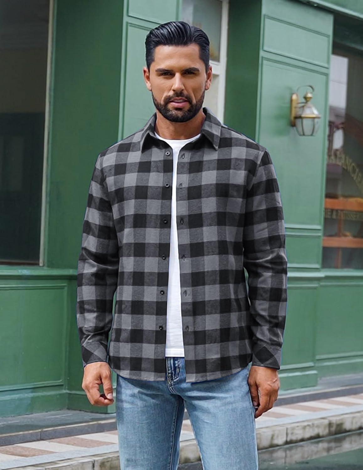 imageCOOFANDY Mens Flannel Shirts Long Sleeve Plaid Button Down Shirts Casual Cotton ShirtsGrey Checkered