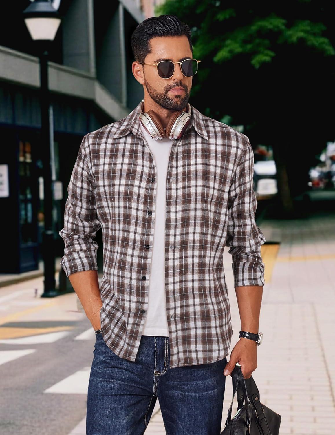 imageCOOFANDY Mens Flannel Shirts Long Sleeve Plaid Button Down Shirts Casual Cotton ShirtsKhaki Plaid