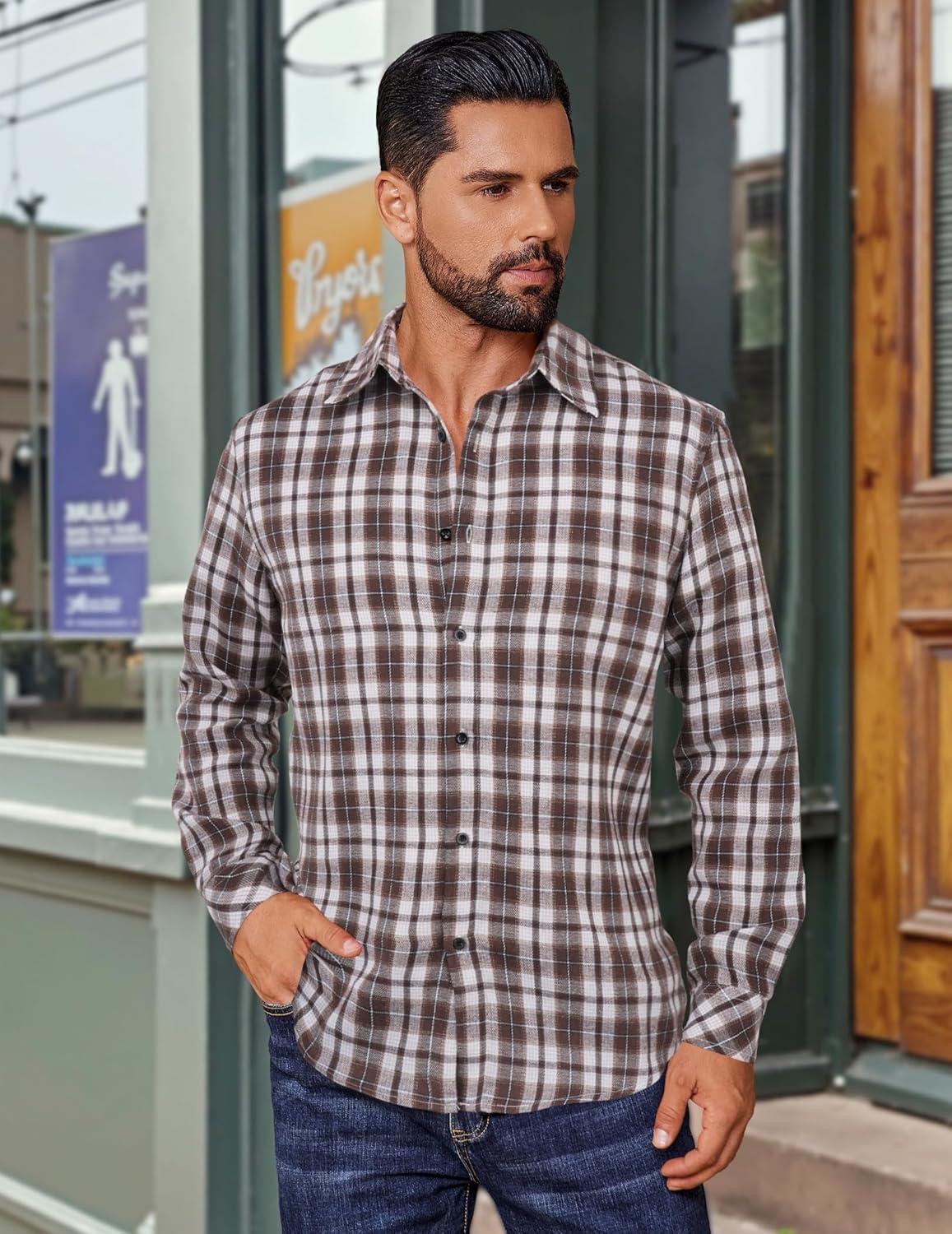 imageCOOFANDY Mens Flannel Shirts Long Sleeve Plaid Button Down Shirts Casual Cotton ShirtsKhaki Plaid