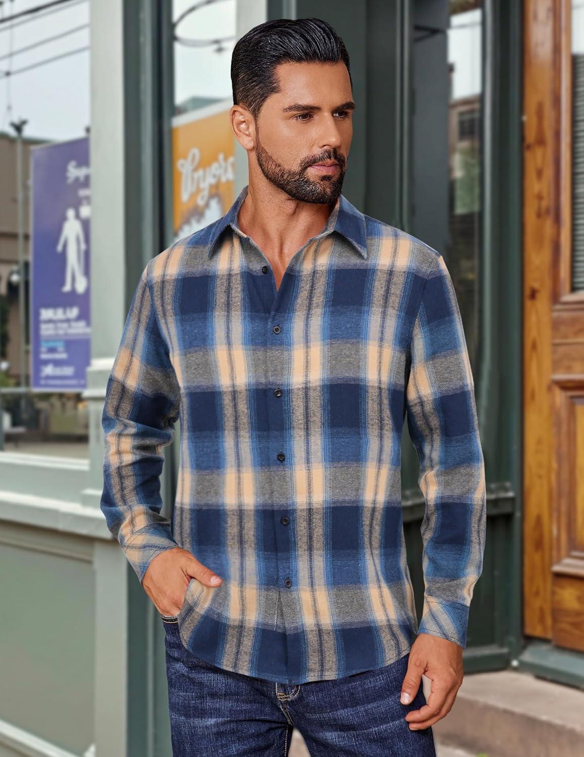 imageCOOFANDY Mens Flannel Shirts Long Sleeve Plaid Button Down Shirts Casual Cotton ShirtsKhakiBlue