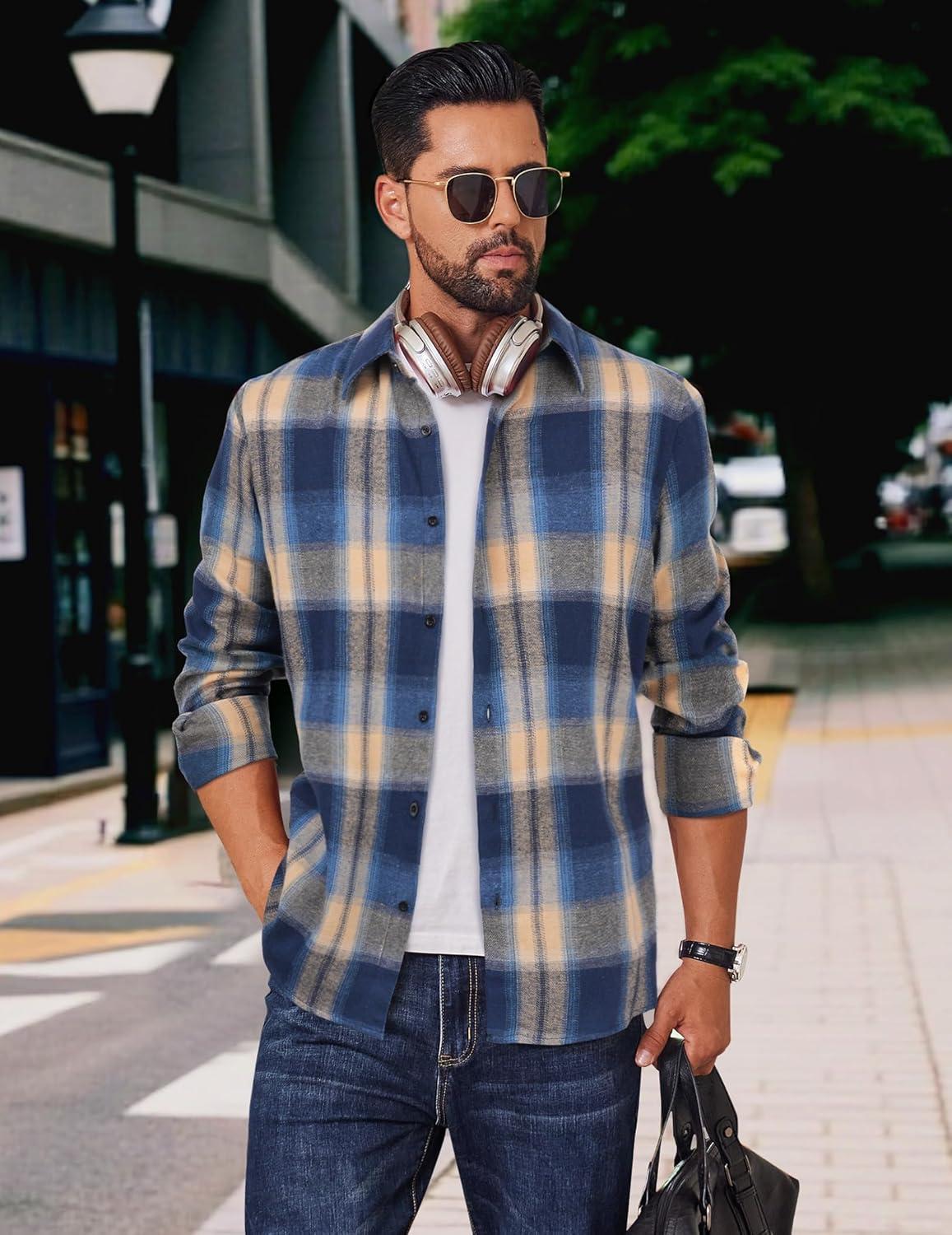 imageCOOFANDY Mens Flannel Shirts Long Sleeve Plaid Button Down Shirts Casual Cotton ShirtsKhakiBlue