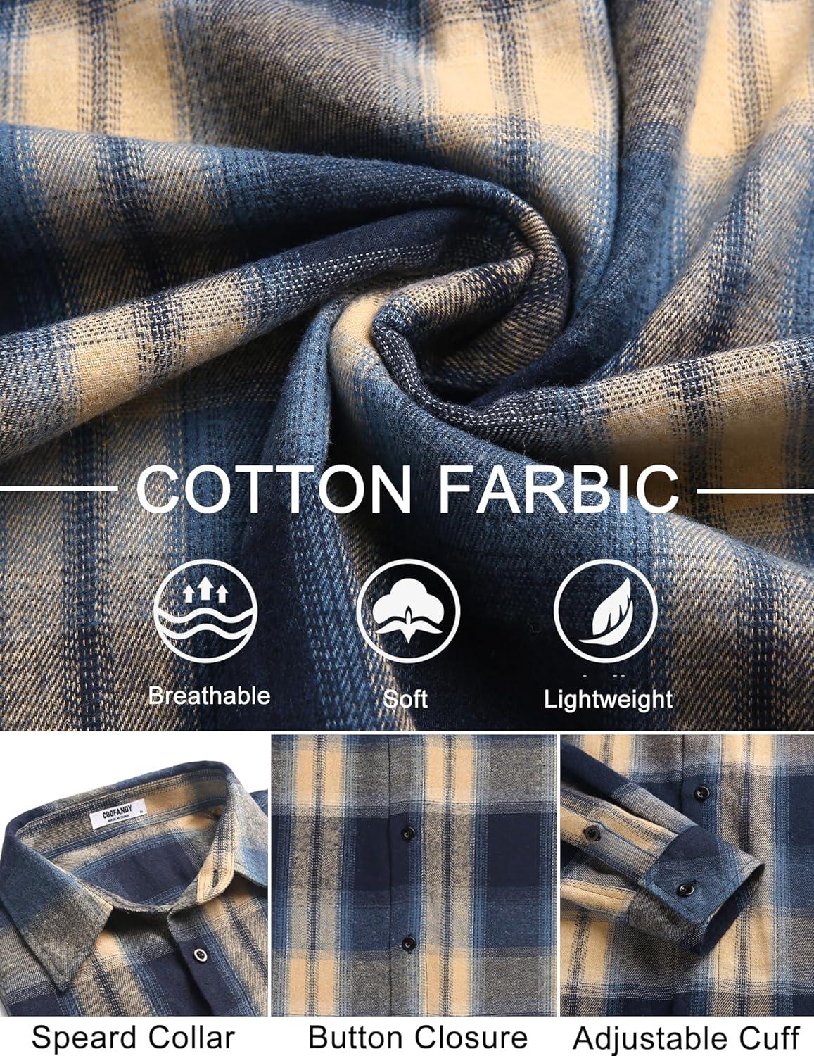 imageCOOFANDY Mens Flannel Shirts Long Sleeve Plaid Button Down Shirts Casual Cotton ShirtsKhakiBlue