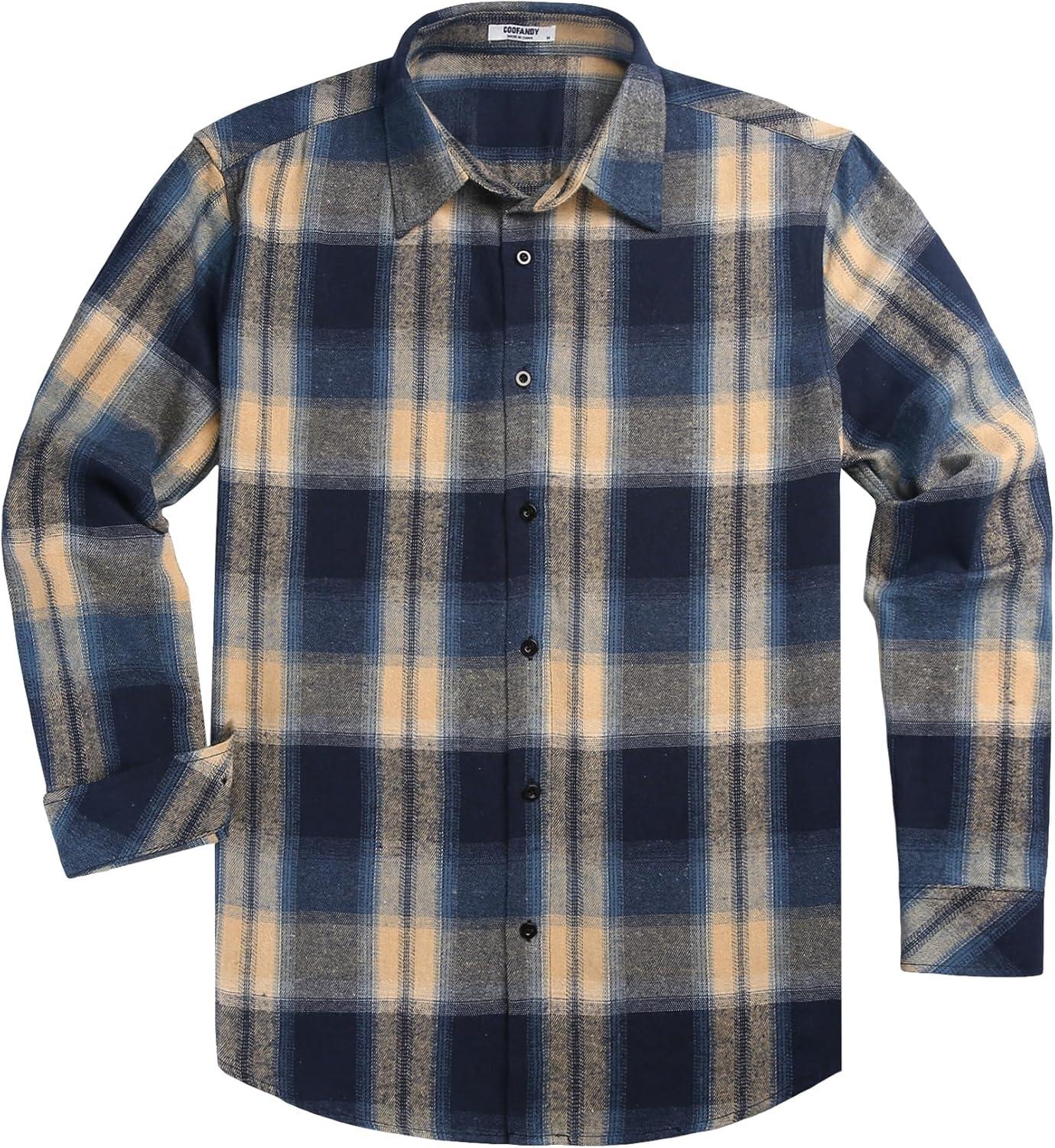 imageCOOFANDY Mens Flannel Shirts Long Sleeve Plaid Button Down Shirts Casual Cotton ShirtsKhakiBlue
