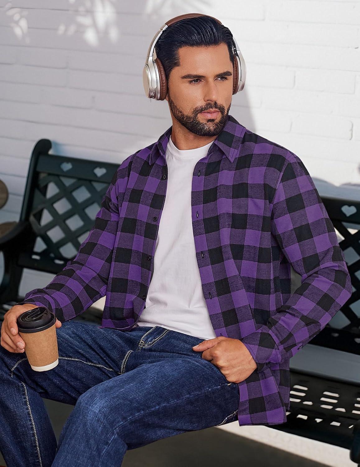 imageCOOFANDY Mens Flannel Shirts Long Sleeve Plaid Button Down Shirts Casual Cotton ShirtsPurple