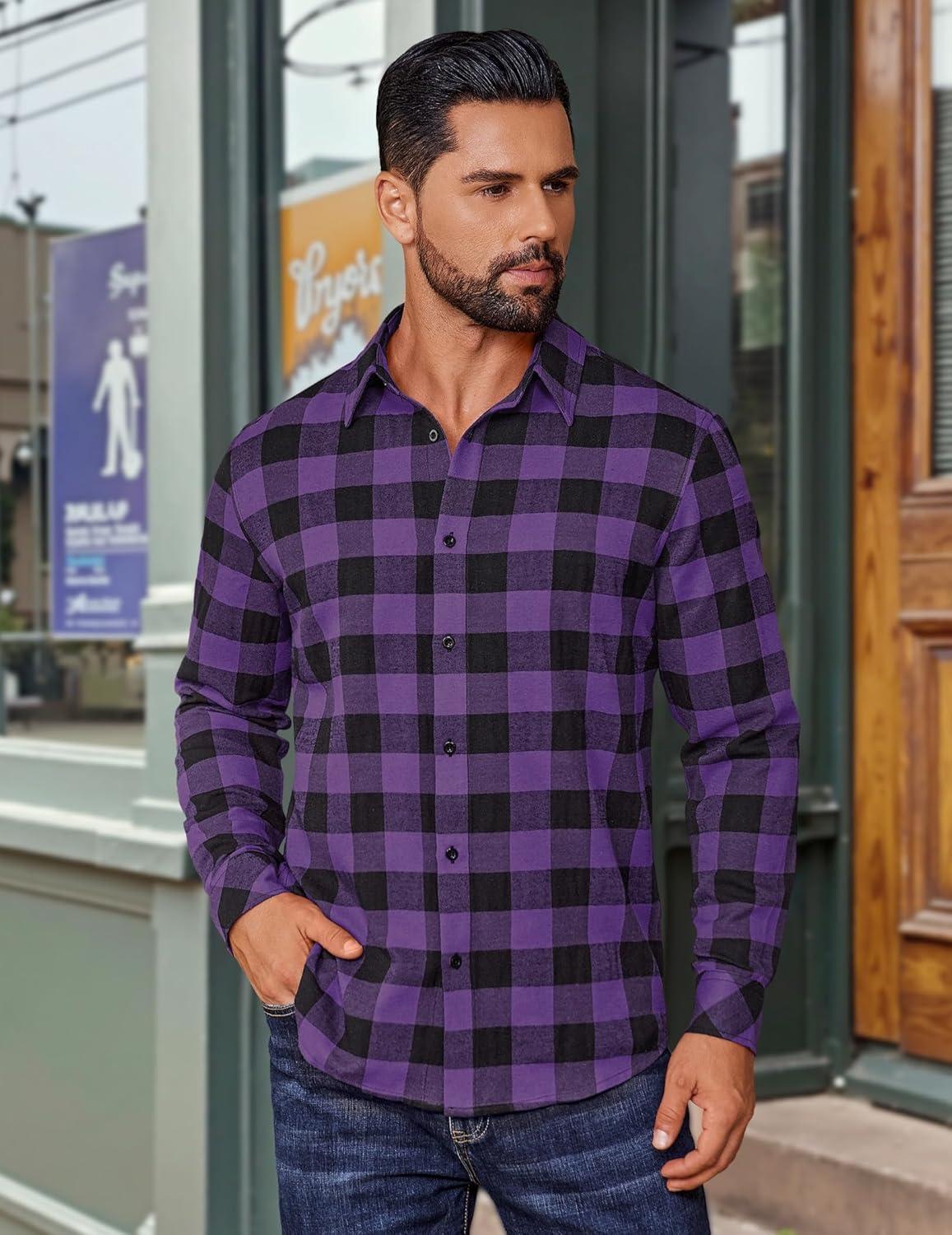 imageCOOFANDY Mens Flannel Shirts Long Sleeve Plaid Button Down Shirts Casual Cotton ShirtsPurple