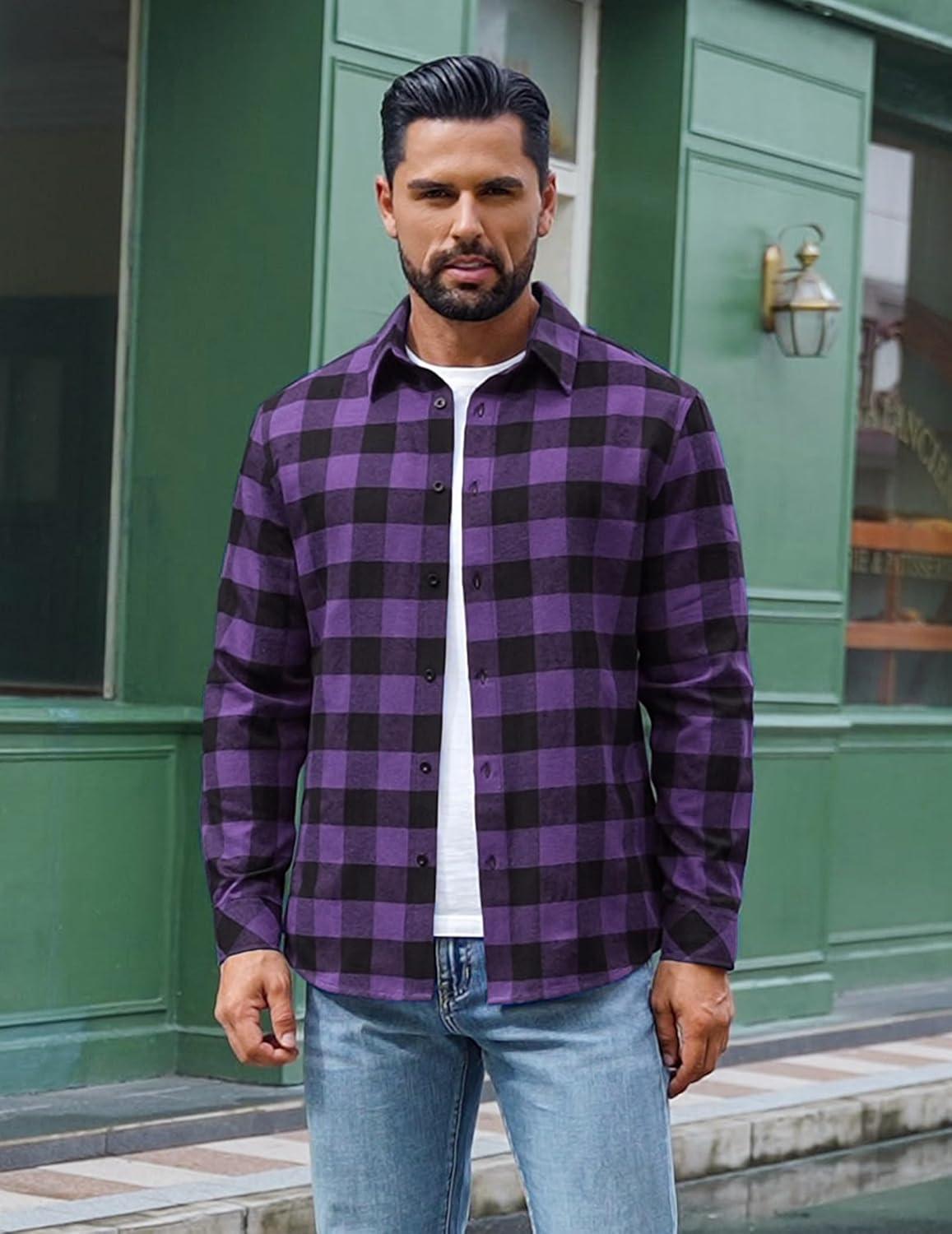 imageCOOFANDY Mens Flannel Shirts Long Sleeve Plaid Button Down Shirts Casual Cotton ShirtsPurple