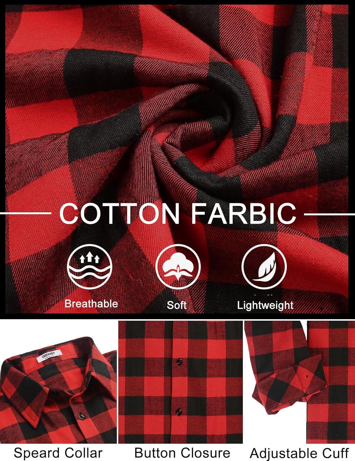 imageCOOFANDY Mens Flannel Shirts Long Sleeve Plaid Button Down Shirts Casual Cotton ShirtsRed Checkered