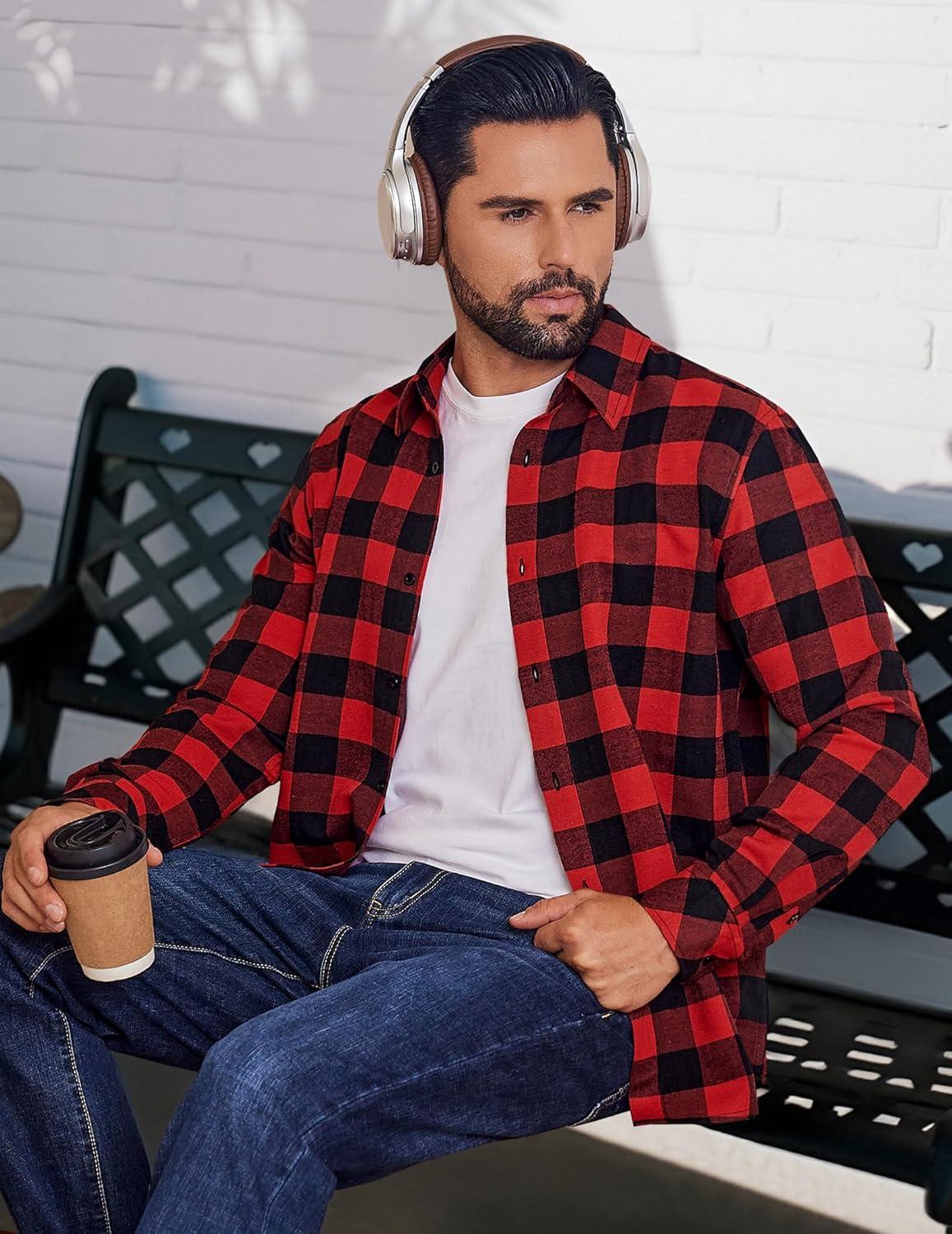 imageCOOFANDY Mens Flannel Shirts Long Sleeve Plaid Button Down Shirts Casual Cotton ShirtsRed Checkered