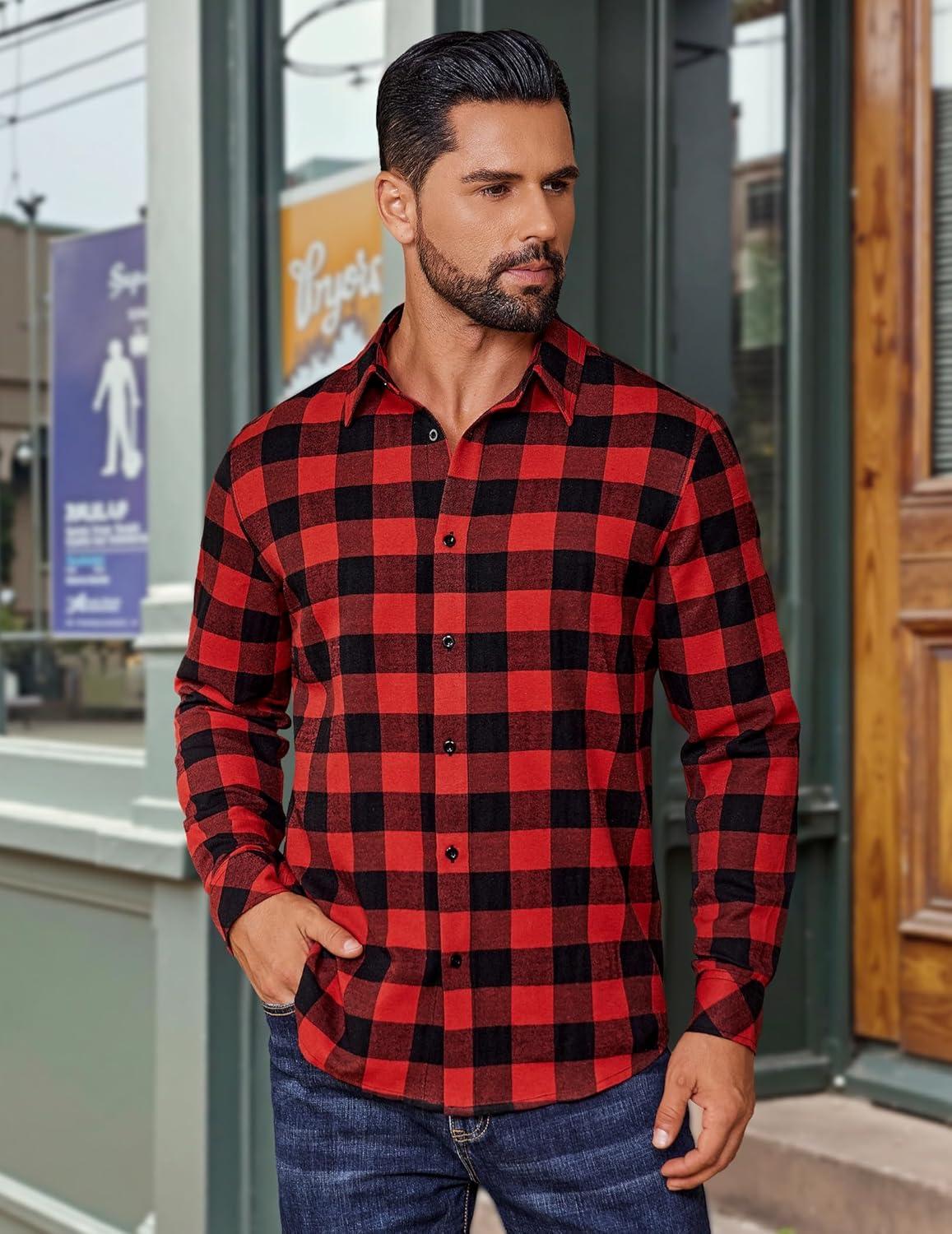 imageCOOFANDY Mens Flannel Shirts Long Sleeve Plaid Button Down Shirts Casual Cotton ShirtsRed Checkered