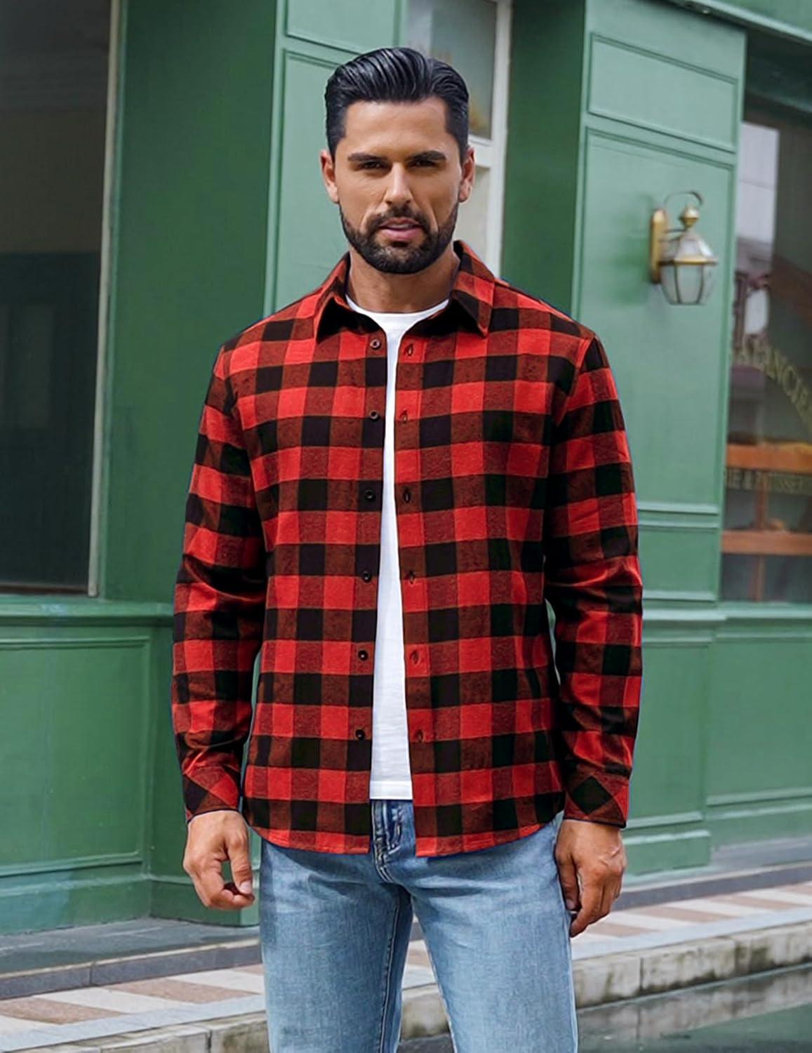 imageCOOFANDY Mens Flannel Shirts Long Sleeve Plaid Button Down Shirts Casual Cotton ShirtsRed Checkered