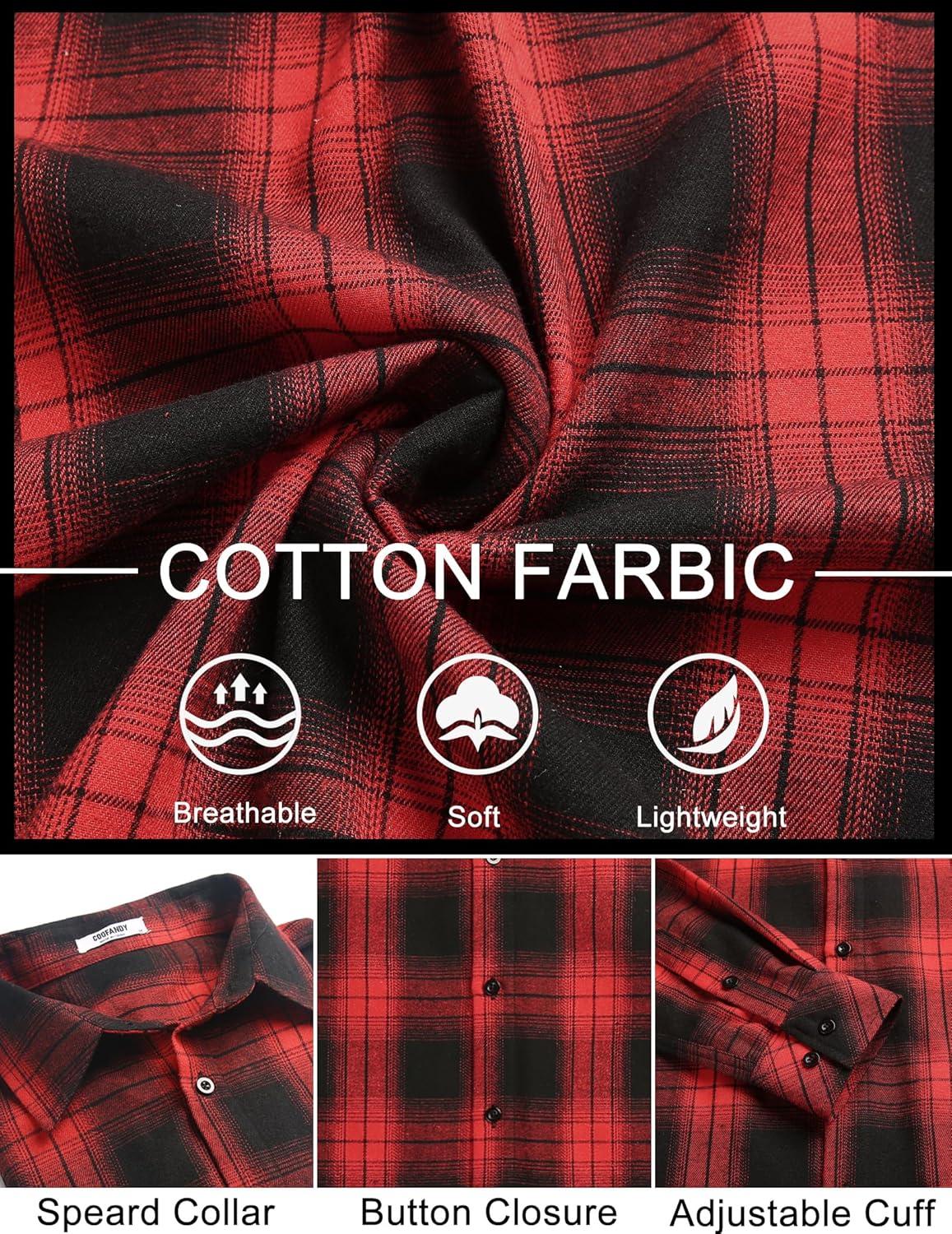 imageCOOFANDY Mens Flannel Shirts Long Sleeve Plaid Button Down Shirts Casual Cotton ShirtsRedBlack