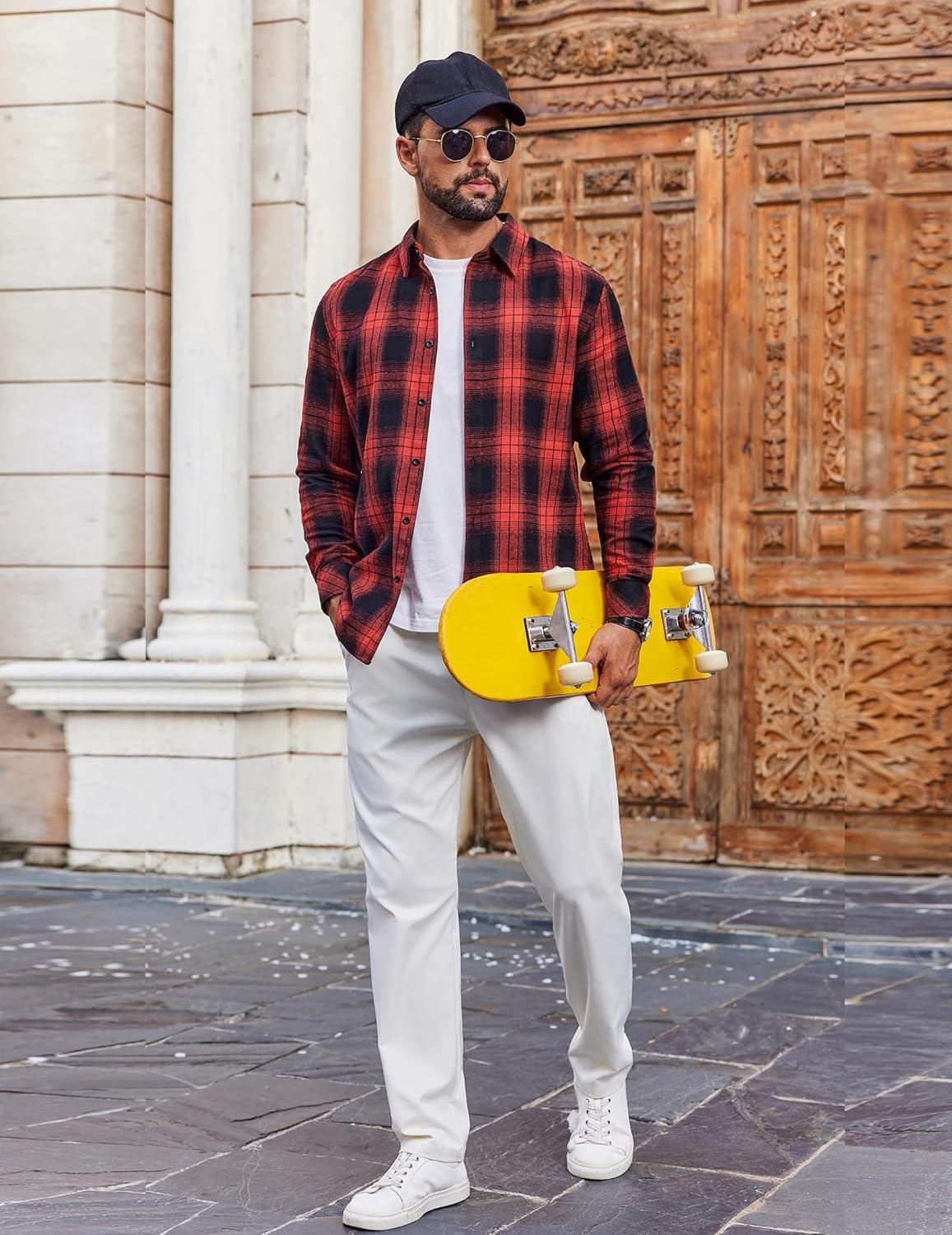 imageCOOFANDY Mens Flannel Shirts Long Sleeve Plaid Button Down Shirts Casual Cotton ShirtsRedBlack