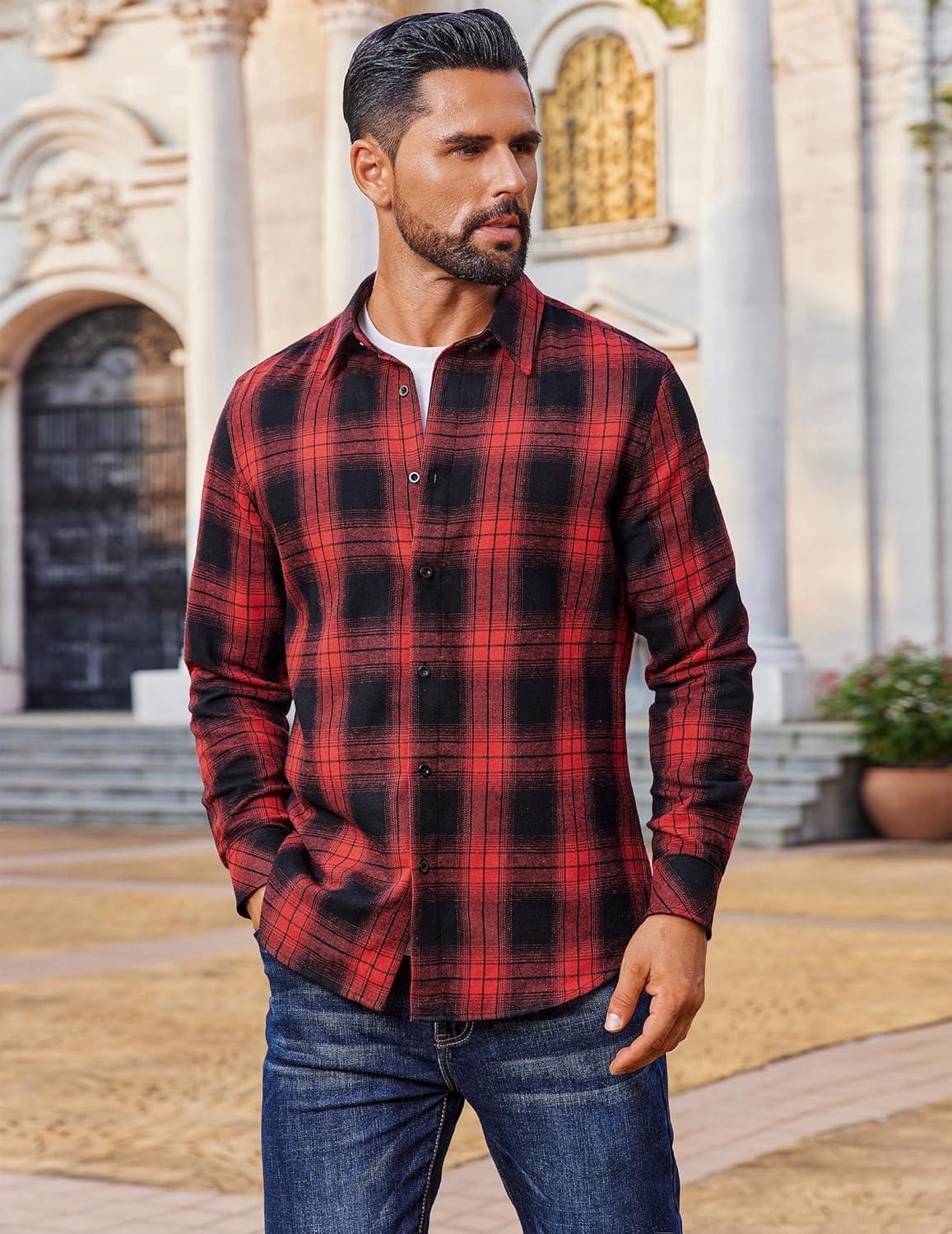 imageCOOFANDY Mens Flannel Shirts Long Sleeve Plaid Button Down Shirts Casual Cotton ShirtsRedBlack