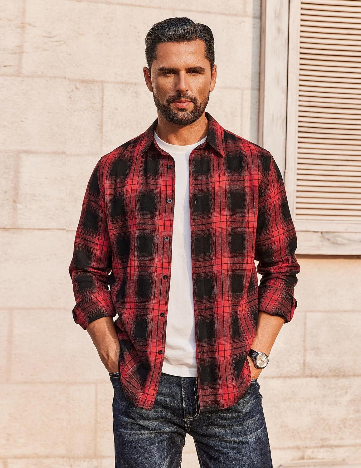 imageCOOFANDY Mens Flannel Shirts Long Sleeve Plaid Button Down Shirts Casual Cotton ShirtsRedBlack