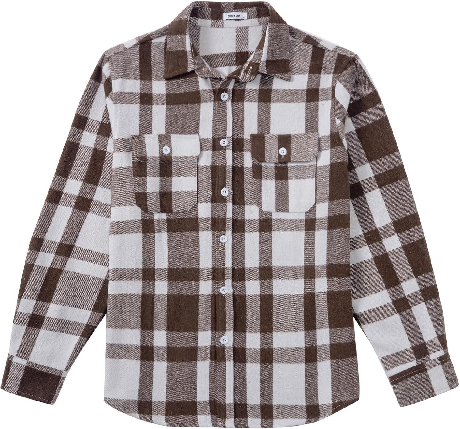 imageCOOFANDY Mens Flannel Shirts Long Sleeve Plaid Shirt Jacket Button Down Shirt with PocketsBrown  White
