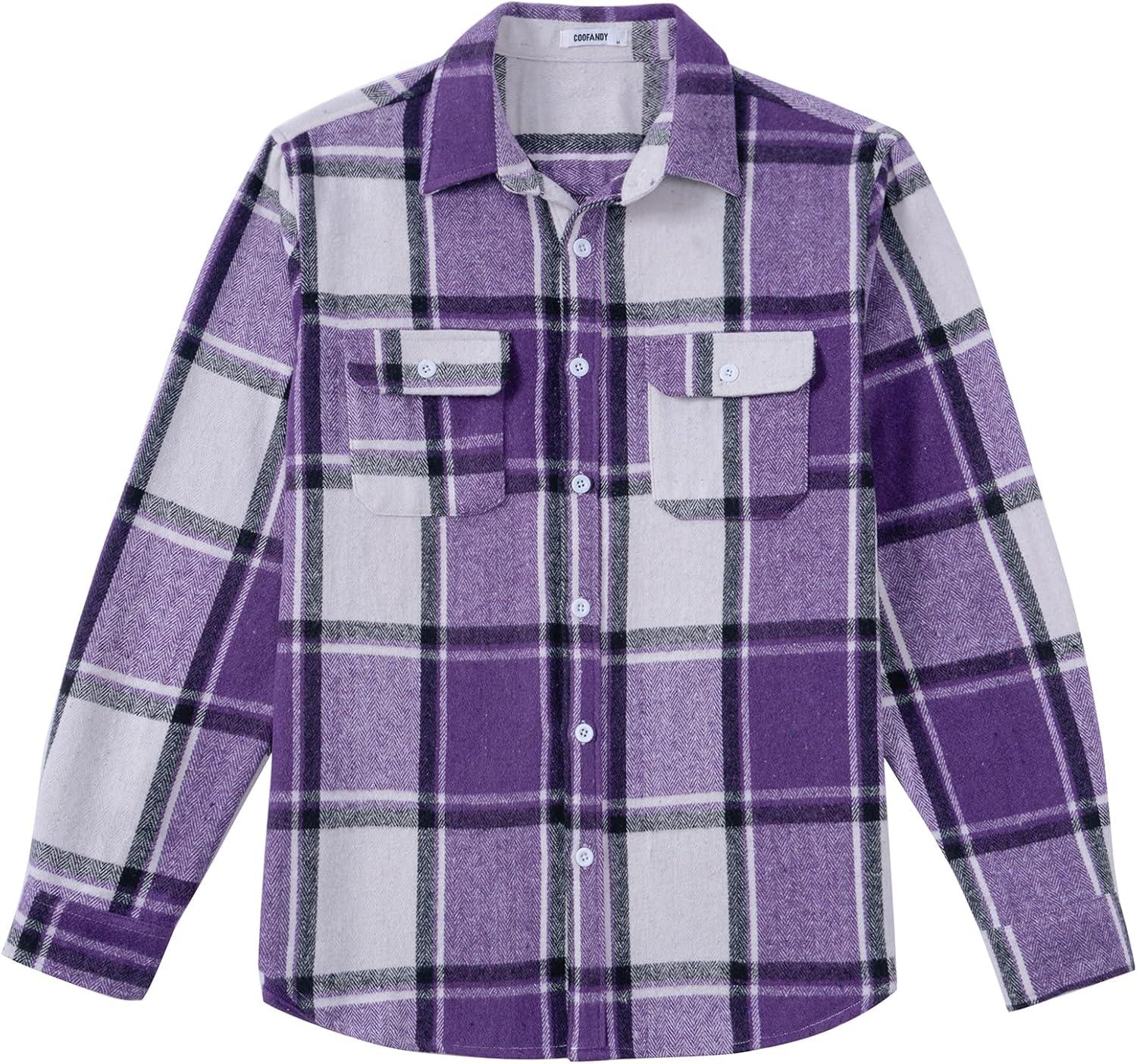 imageCOOFANDY Mens Flannel Shirts Long Sleeve Plaid Shirt Jacket Button Down Shirt with PocketsPurple