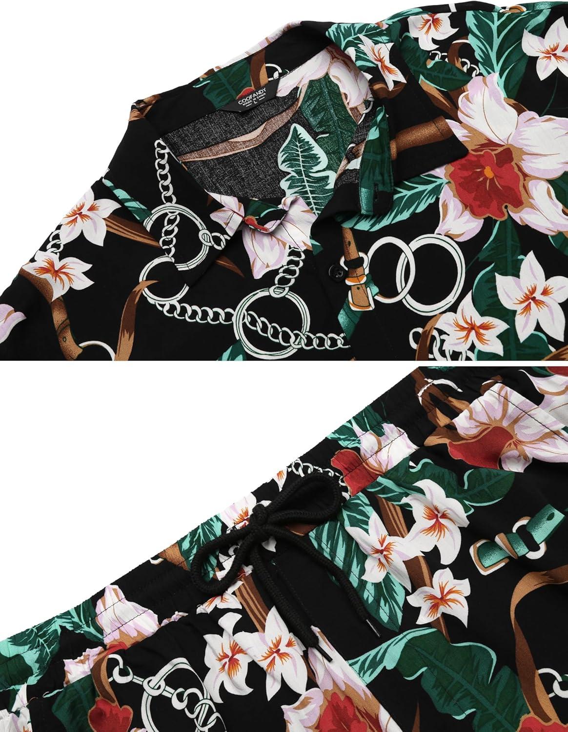 imageCOOFANDY Mens Hawaiian Matching Set Summer Beach 2 Piece Outfits Flower Button Down Shirts and Shorts Vacation OutfitsBlack  Flower