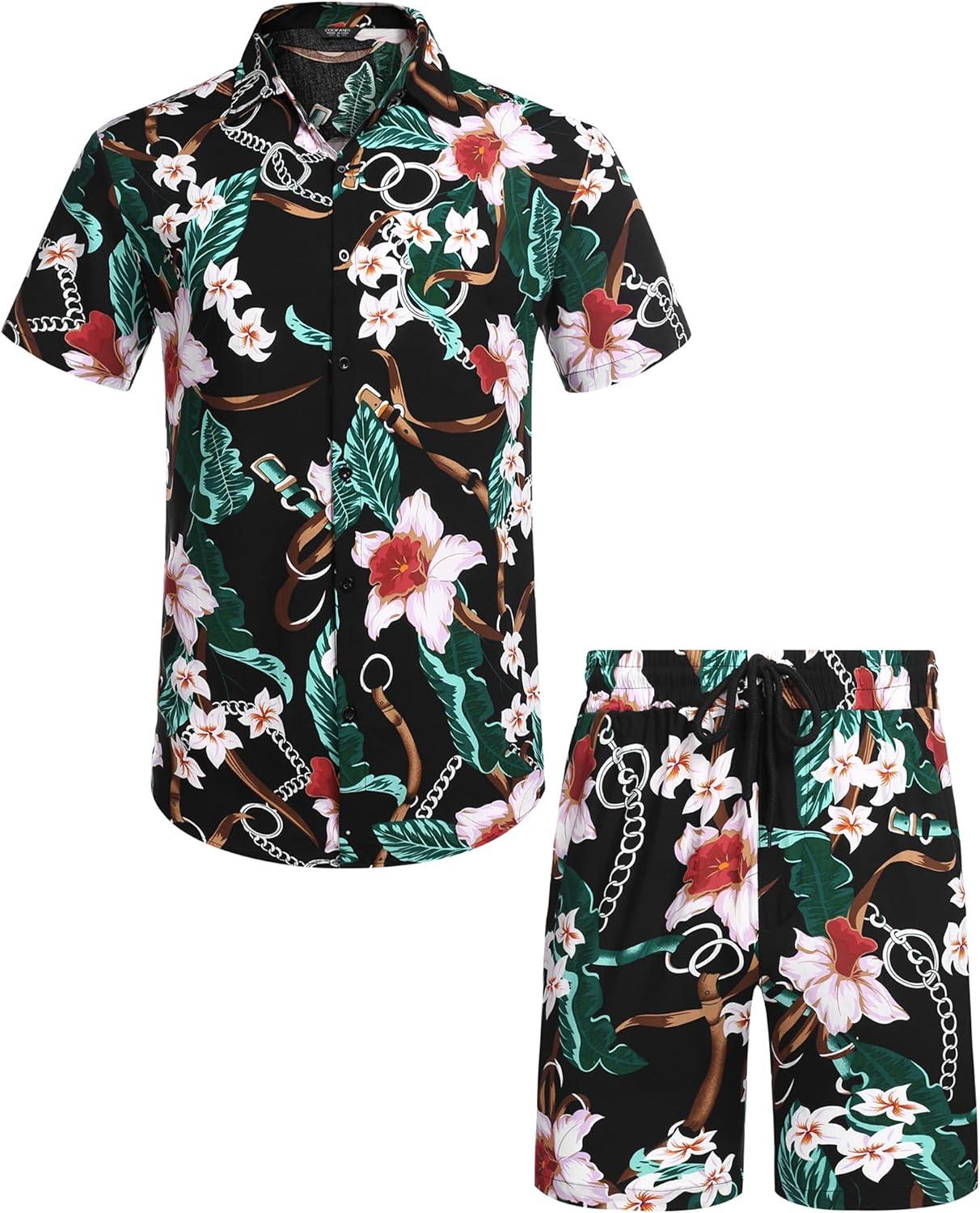imageCOOFANDY Mens Hawaiian Matching Set Summer Beach 2 Piece Outfits Flower Button Down Shirts and Shorts Vacation OutfitsBlack  Flower