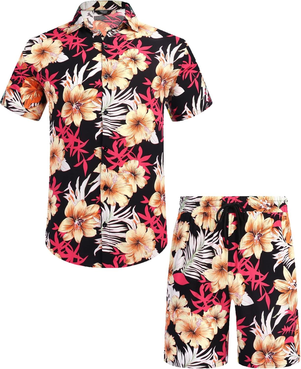 imageCOOFANDY Mens Hawaiian Matching Set Summer Beach 2 Piece Outfits Flower Button Down Shirts and Shorts Vacation OutfitsBlack  Orange Flower