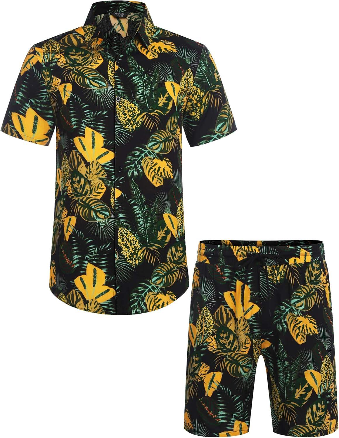 imageCOOFANDY Mens Hawaiian Matching Set Summer Beach 2 Piece Outfits Flower Button Down Shirts and Shorts Vacation OutfitsBlack