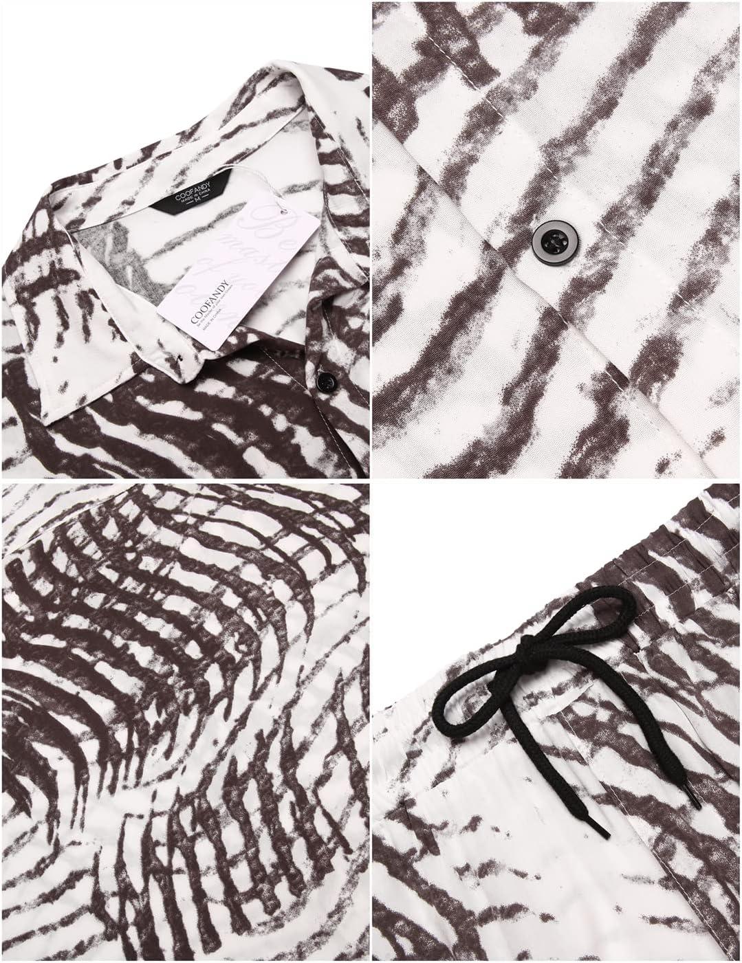 imageCOOFANDY Mens Hawaiian Matching Set Summer Beach 2 Piece Outfits Flower Button Down Shirts and Shorts Vacation OutfitsBlack and White Stripes