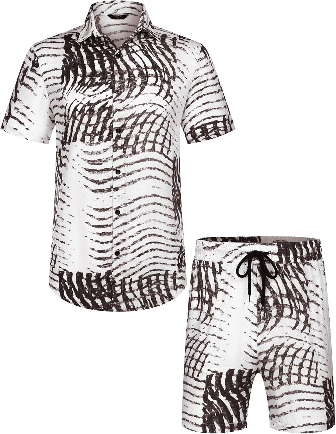 imageCOOFANDY Mens Hawaiian Matching Set Summer Beach 2 Piece Outfits Flower Button Down Shirts and Shorts Vacation OutfitsBlack and White Stripes