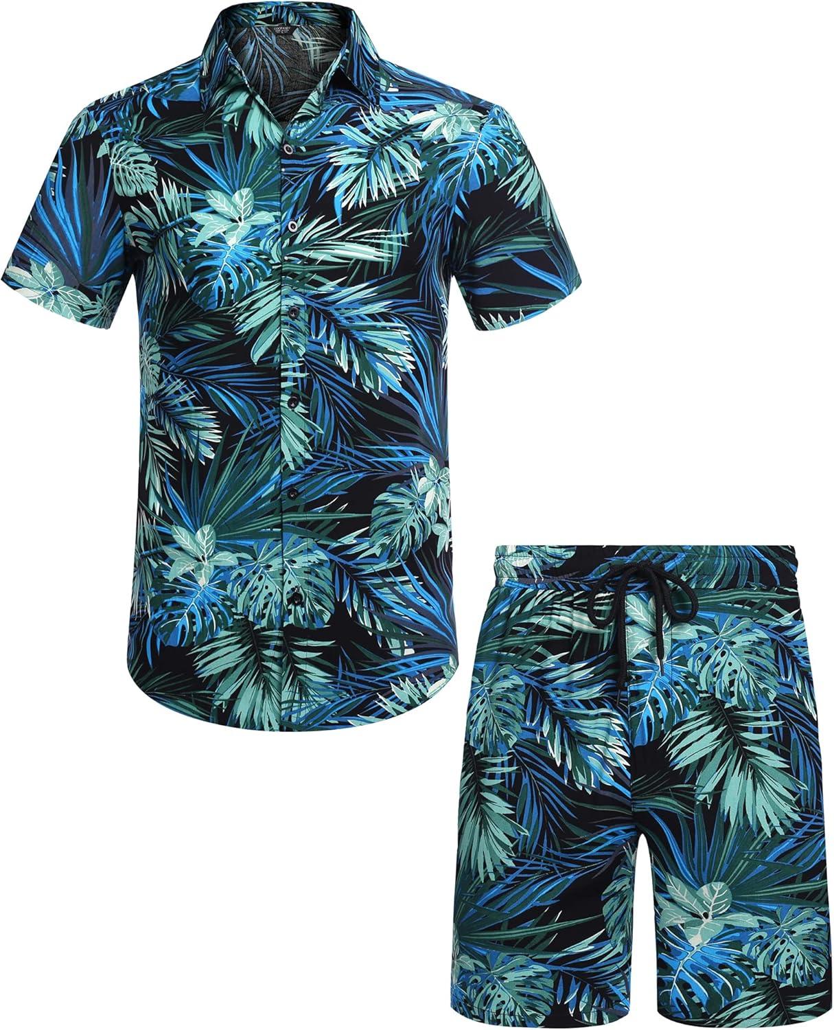 imageCOOFANDY Mens Hawaiian Matching Set Summer Beach 2 Piece Outfits Flower Button Down Shirts and Shorts Vacation OutfitsBlue  Green
