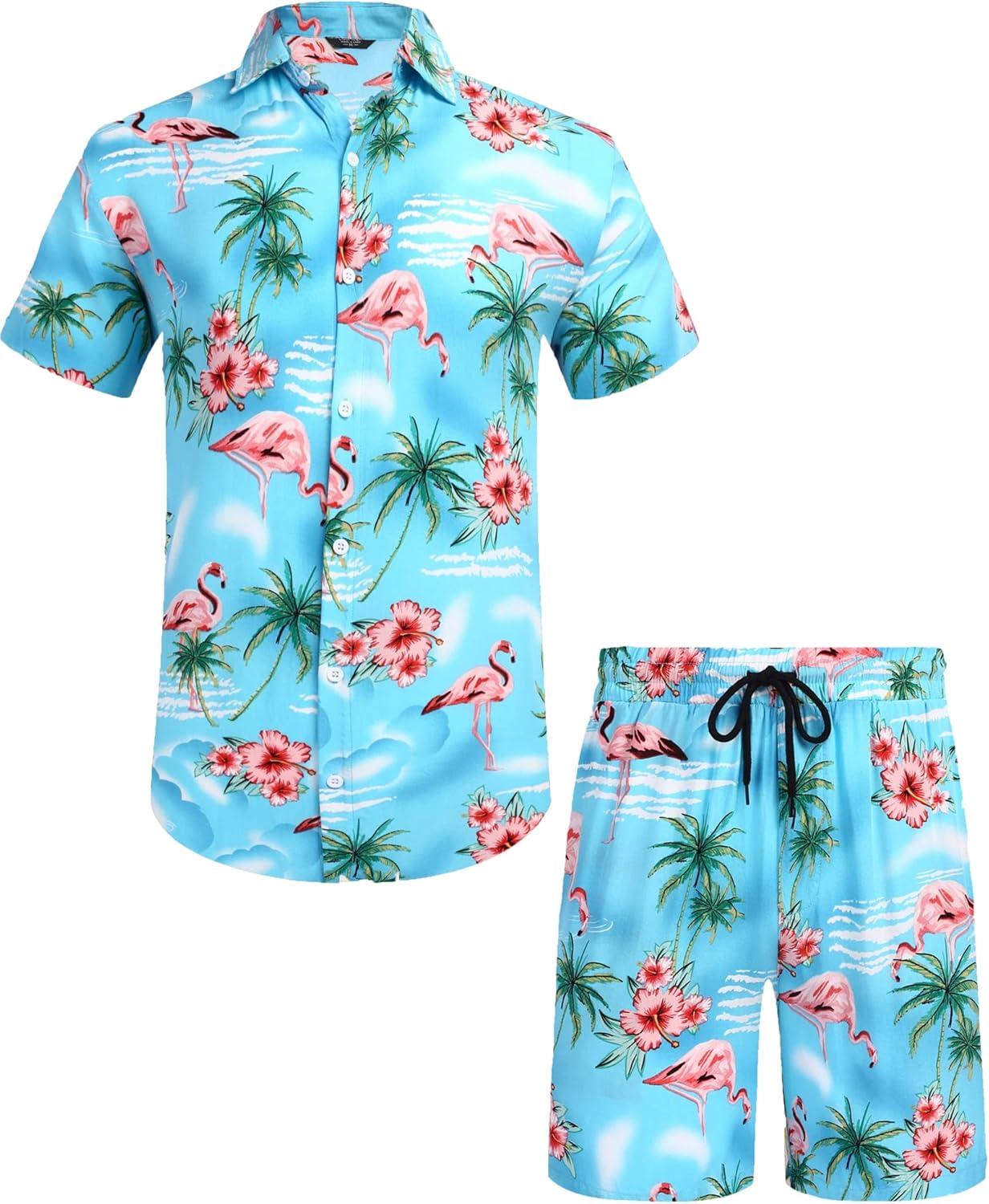 imageCOOFANDY Mens Hawaiian Matching Set Summer Beach 2 Piece Outfits Flower Button Down Shirts and Shorts Vacation OutfitsBlue