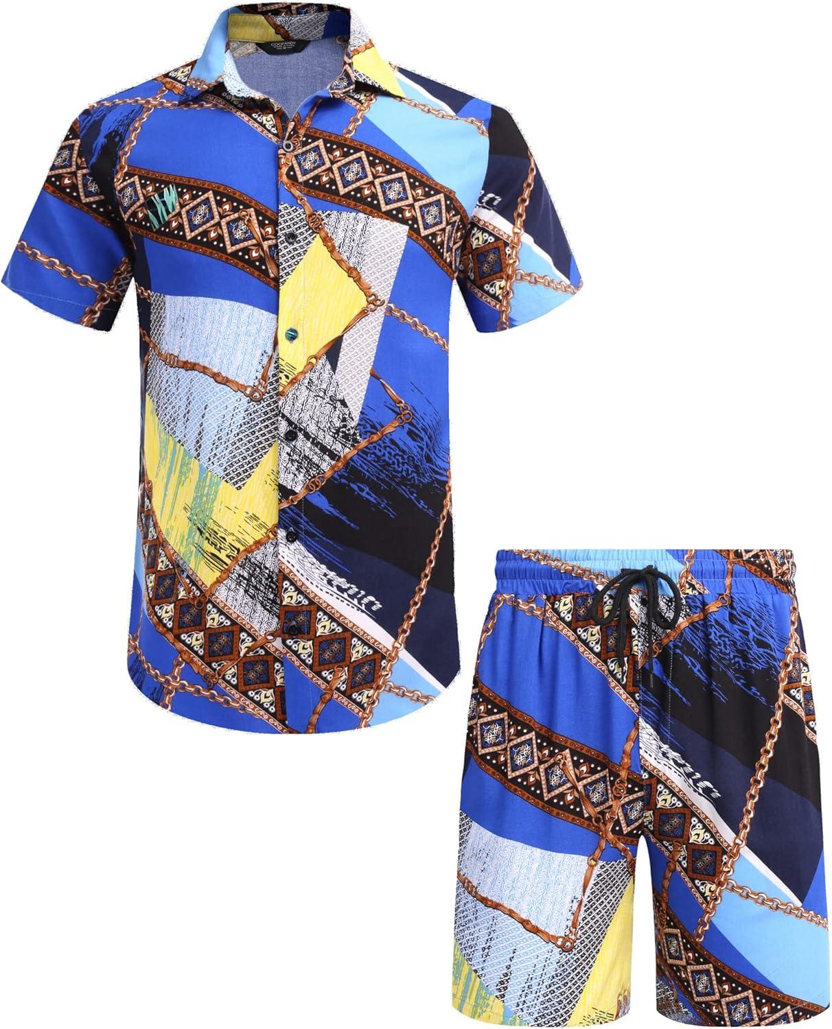 imageCOOFANDY Mens Hawaiian Matching Set Summer Beach 2 Piece Outfits Flower Button Down Shirts and Shorts Vacation OutfitsBlue Chain