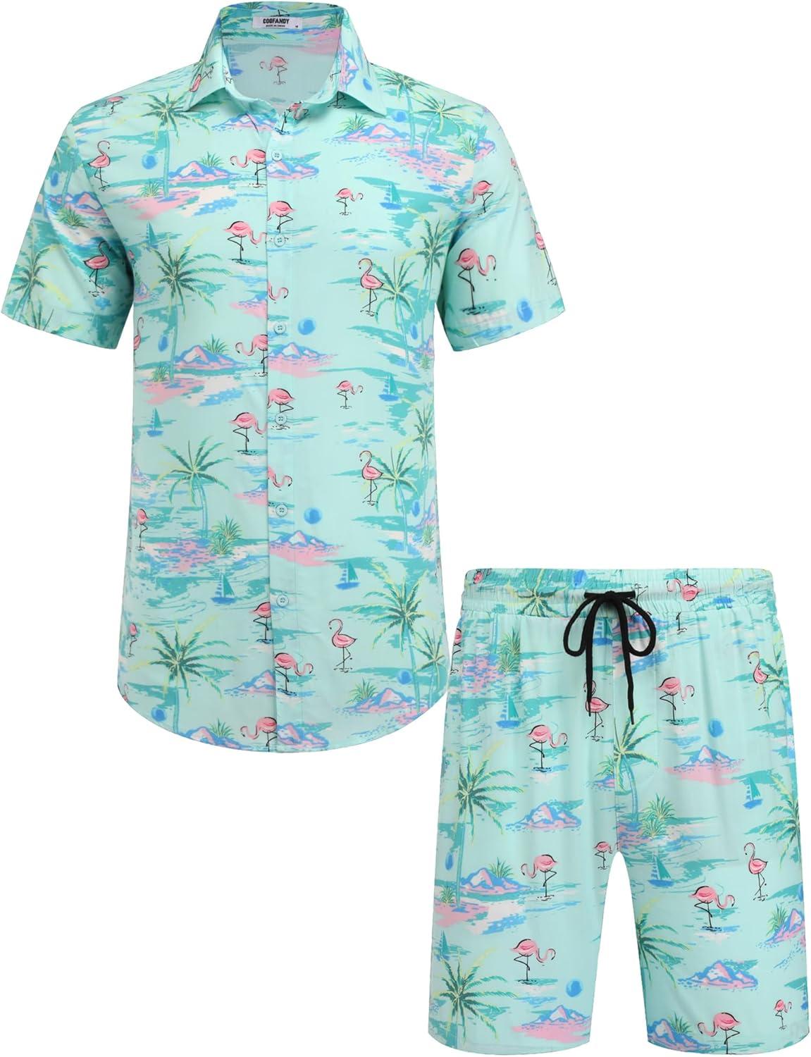imageCOOFANDY Mens Hawaiian Matching Set Summer Beach 2 Piece Outfits Flower Button Down Shirts and Shorts Vacation OutfitsCoconut Tree