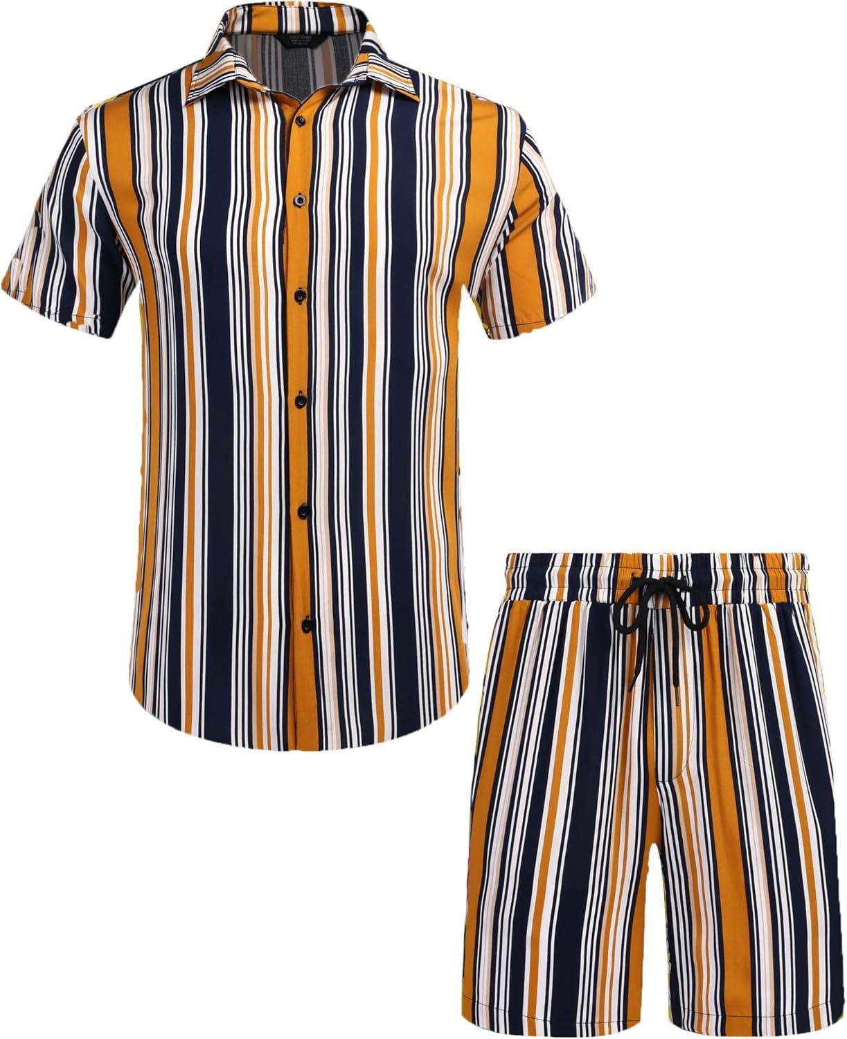 imageCOOFANDY Mens Hawaiian Matching Set Summer Beach 2 Piece Outfits Flower Button Down Shirts and Shorts Vacation OutfitsDark Yellow Stripes