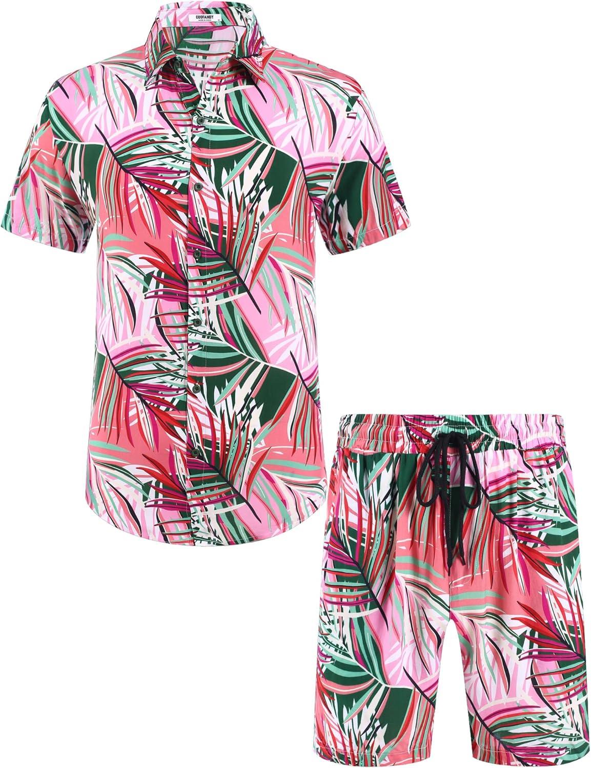 imageCOOFANDY Mens Hawaiian Matching Set Summer Beach 2 Piece Outfits Flower Button Down Shirts and Shorts Vacation OutfitsGreen Wonderland