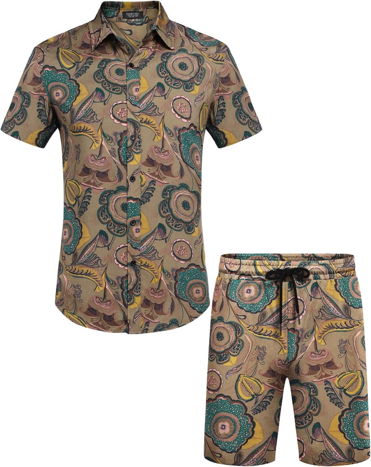 imageCOOFANDY Mens Hawaiian Matching Set Summer Beach 2 Piece Outfits Flower Button Down Shirts and Shorts Vacation OutfitsHand Painted Flowers