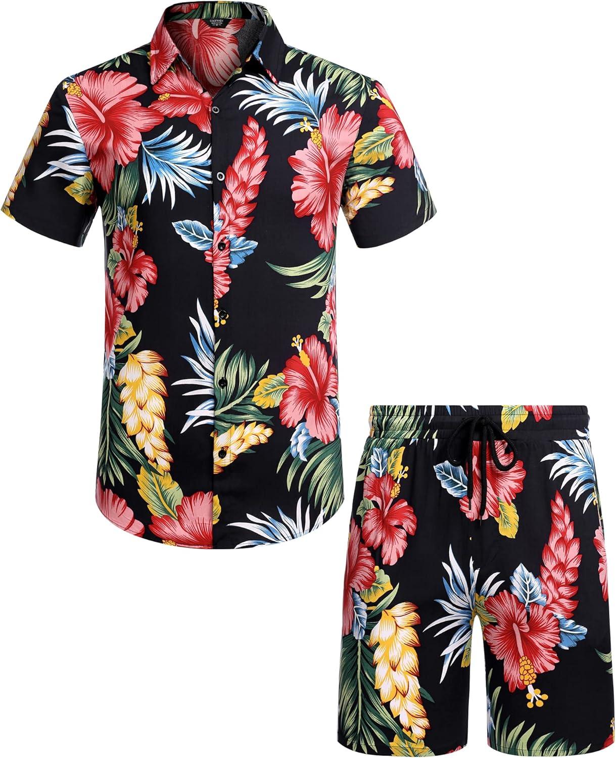 imageCOOFANDY Mens Hawaiian Matching Set Summer Beach 2 Piece Outfits Flower Button Down Shirts and Shorts Vacation OutfitsNavy  Red