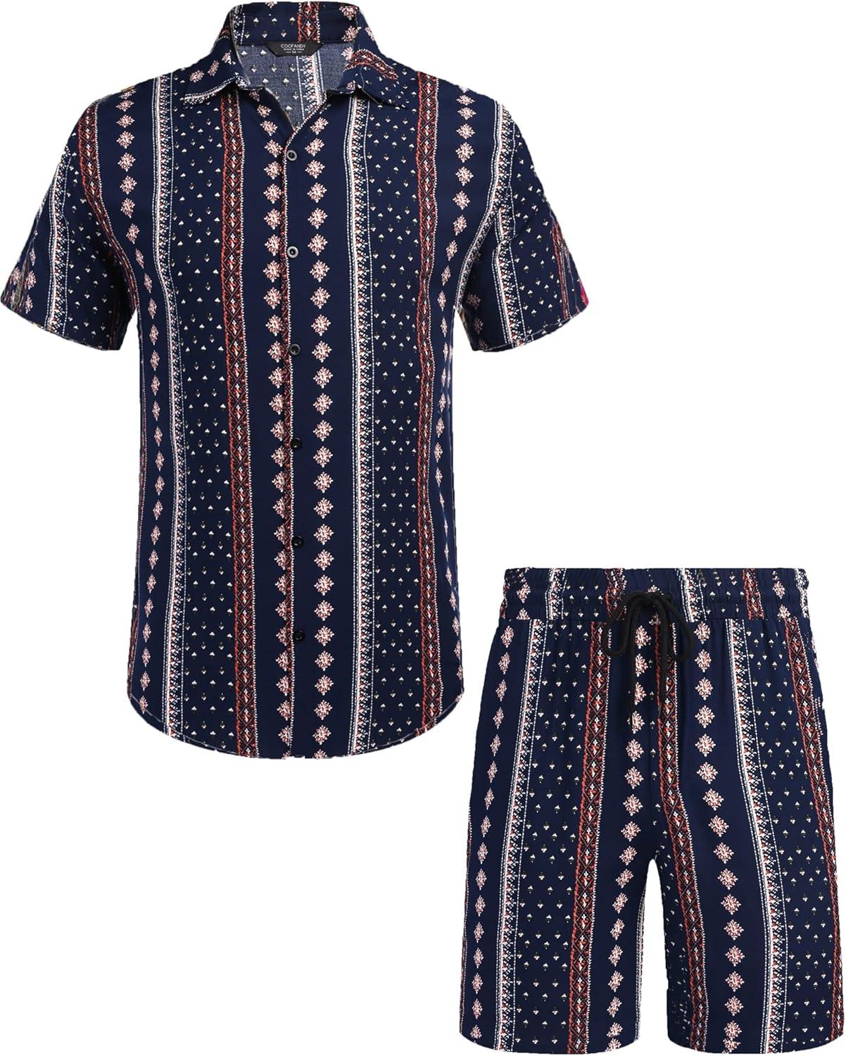 imageCOOFANDY Mens Hawaiian Matching Set Summer Beach 2 Piece Outfits Flower Button Down Shirts and Shorts Vacation OutfitsNavy