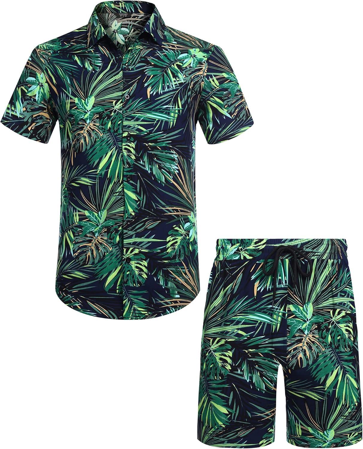 imageCOOFANDY Mens Hawaiian Matching Set Summer Beach 2 Piece Outfits Flower Button Down Shirts and Shorts Vacation OutfitsNavy Blue  Green