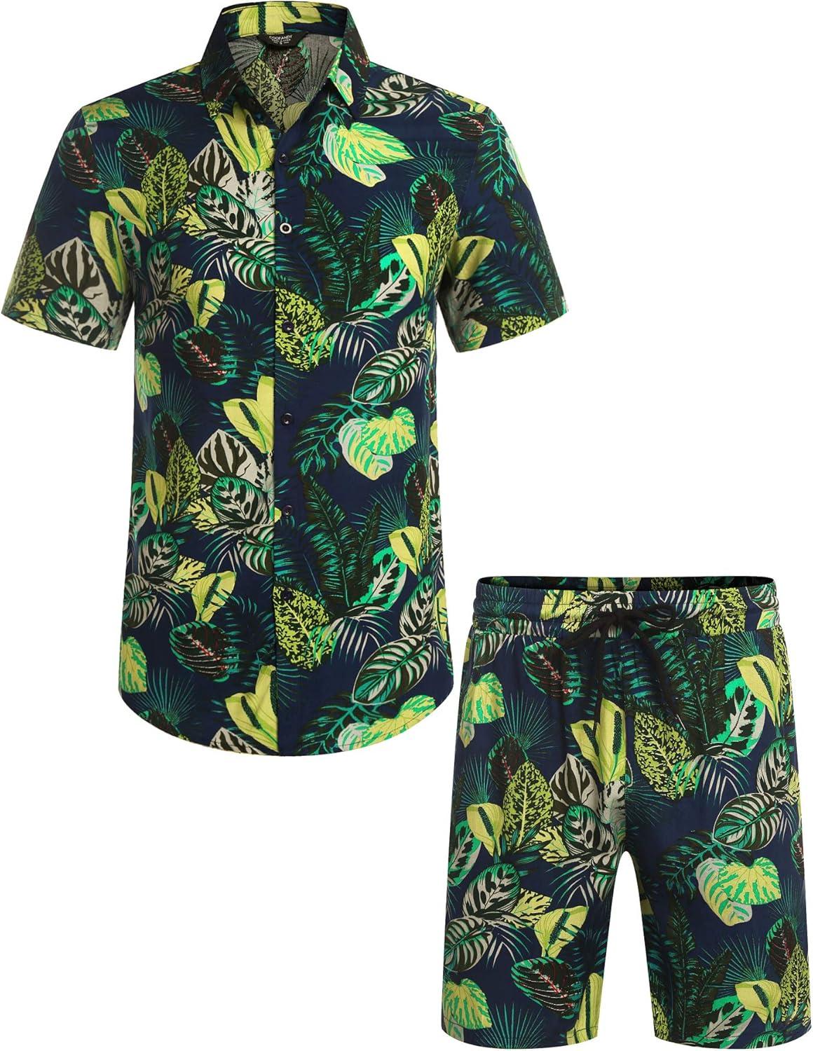 imageCOOFANDY Mens Hawaiian Matching Set Summer Beach 2 Piece Outfits Flower Button Down Shirts and Shorts Vacation OutfitsNavy Blue