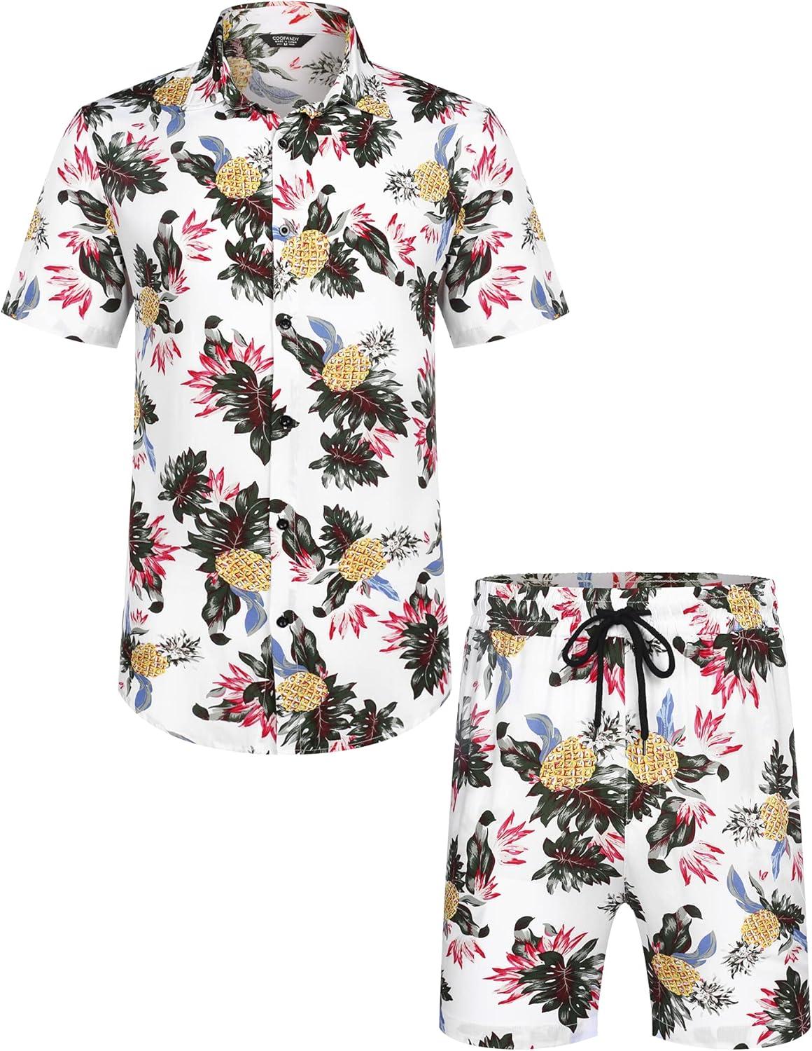 imageCOOFANDY Mens Hawaiian Matching Set Summer Beach 2 Piece Outfits Flower Button Down Shirts and Shorts Vacation OutfitsPineapple Flower