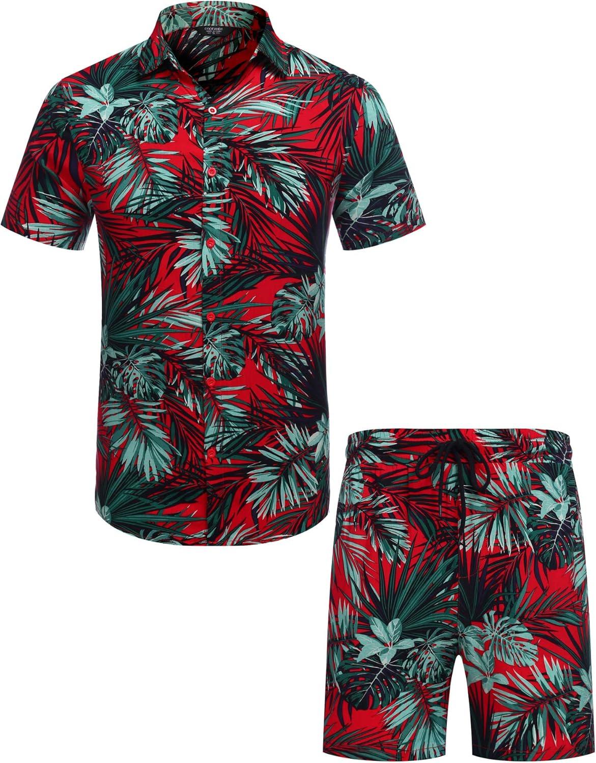imageCOOFANDY Mens Hawaiian Matching Set Summer Beach 2 Piece Outfits Flower Button Down Shirts and Shorts Vacation OutfitsRed Leaves