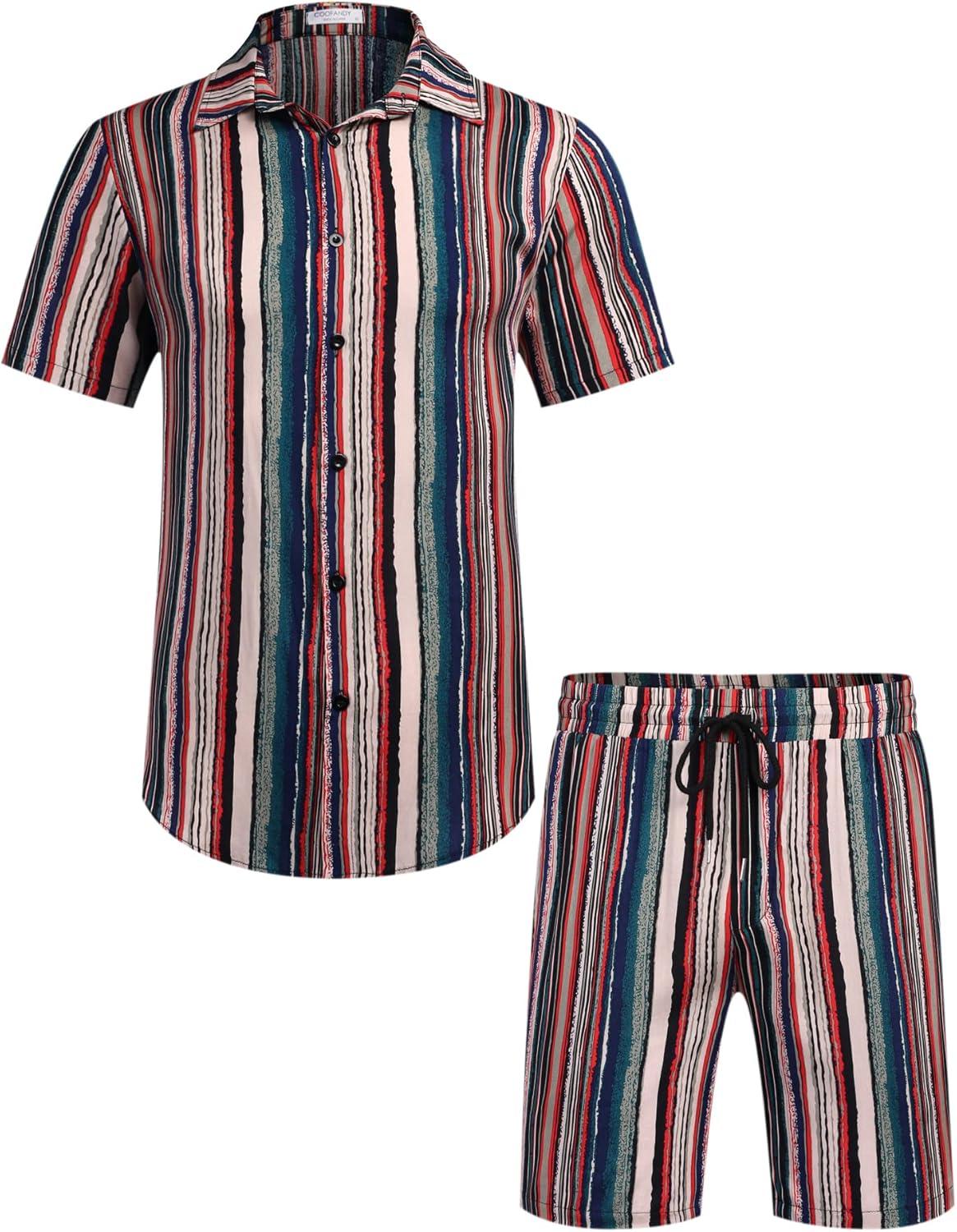 imageCOOFANDY Mens Hawaiian Matching Set Summer Beach 2 Piece Outfits Flower Button Down Shirts and Shorts Vacation OutfitsRetro Stripes